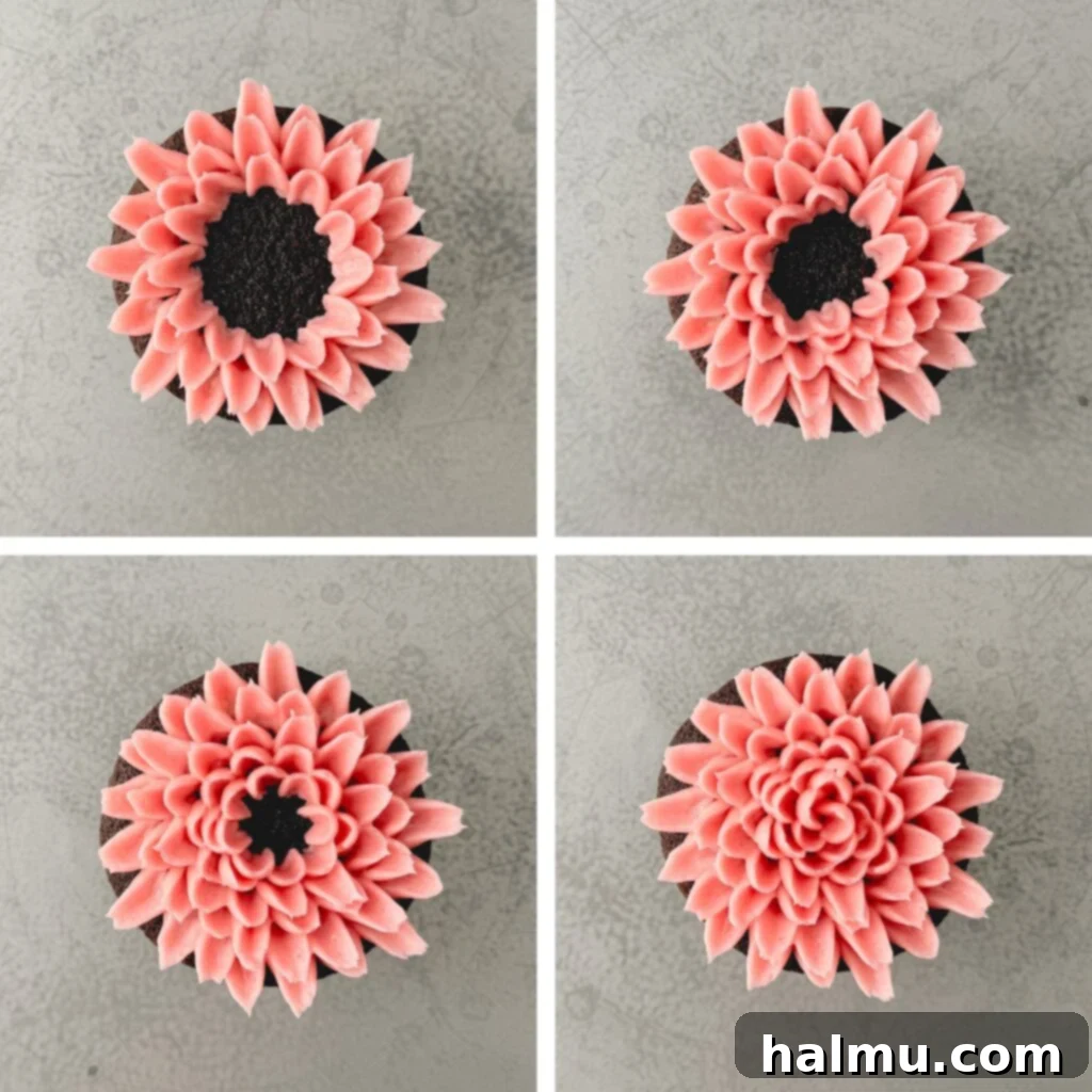 Cupcake Candles 7 A cupcake with a fully piped buttercream mum flower, showing the dense, upright petals in the center achieved by adjusting the piping angle.