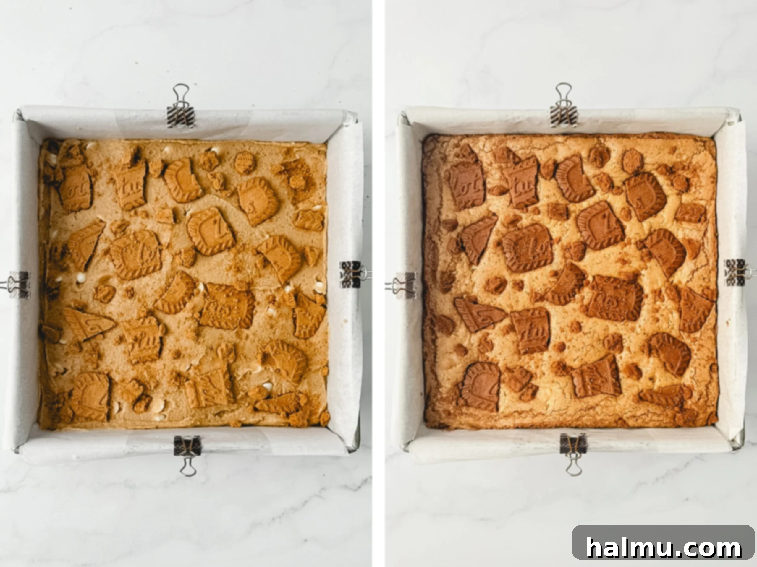 Speculoos Blondies 5 Biscoff Blondies topped with crushed Biscoff cookies, ready for baking.