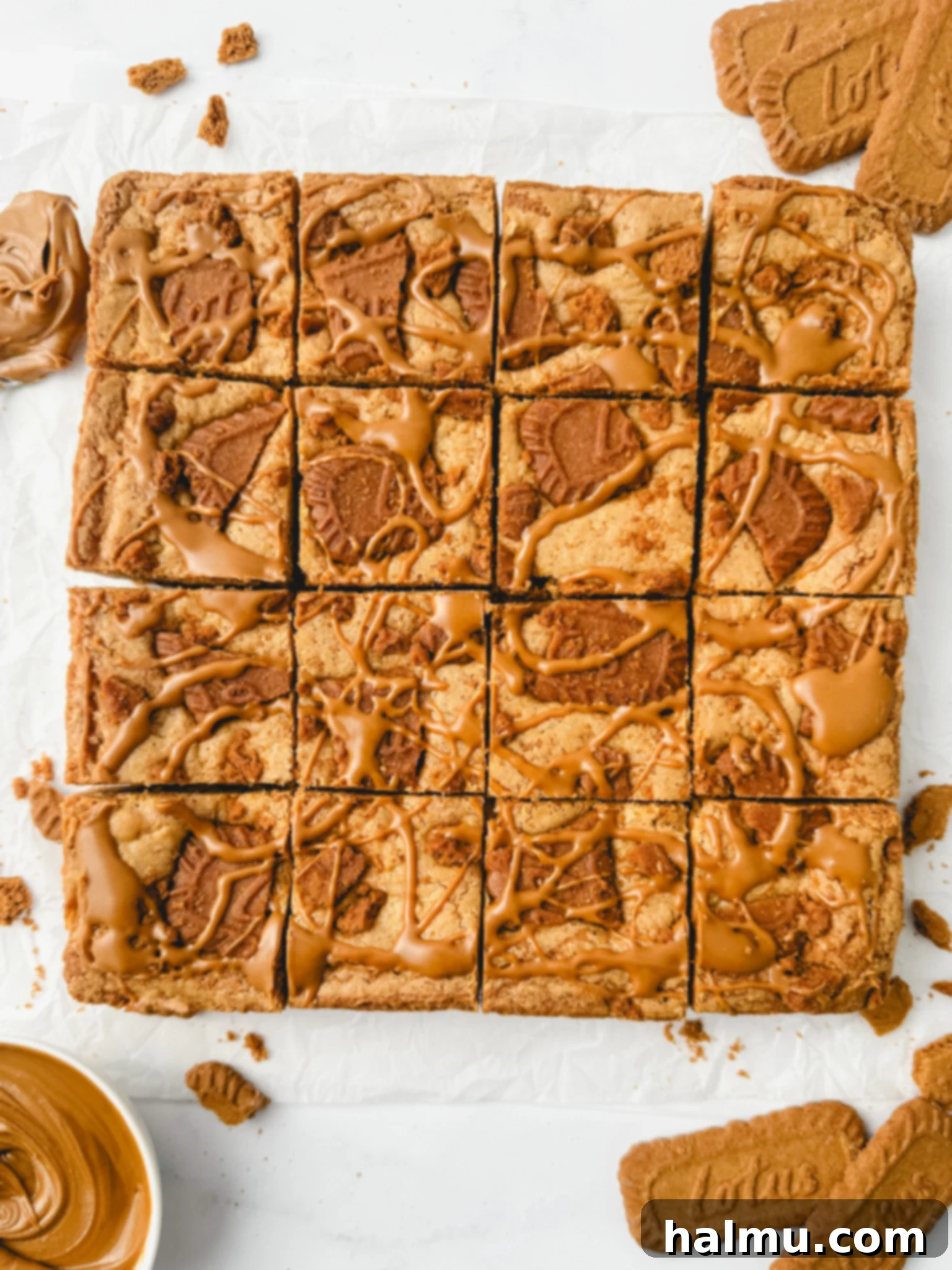 Speculoos Blondies 6 A tray of freshly baked Biscoff Blondies, with some cut into squares.