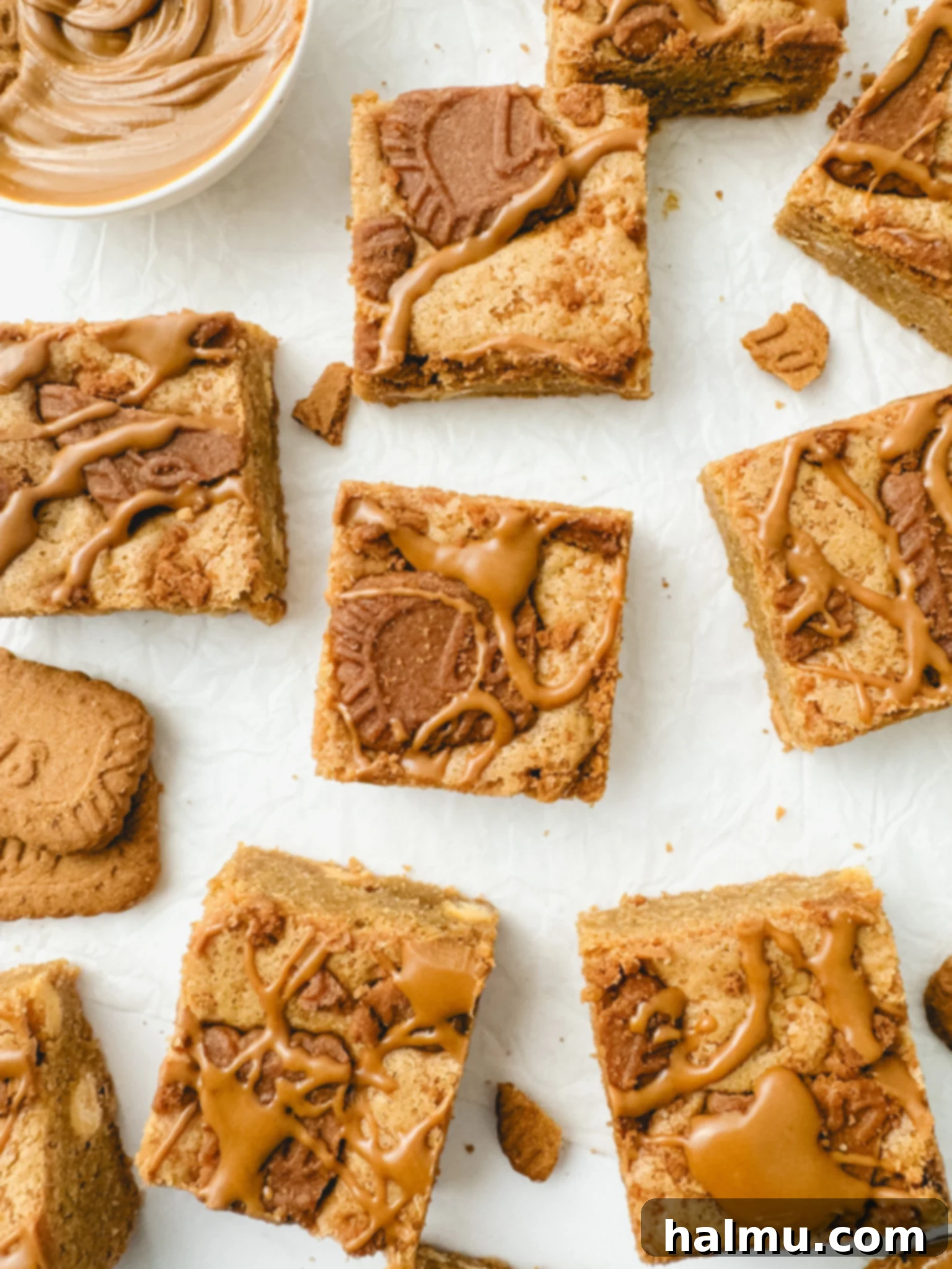 Speculoos Blondies 7 Biscoff Blondies cooling on a wire rack.