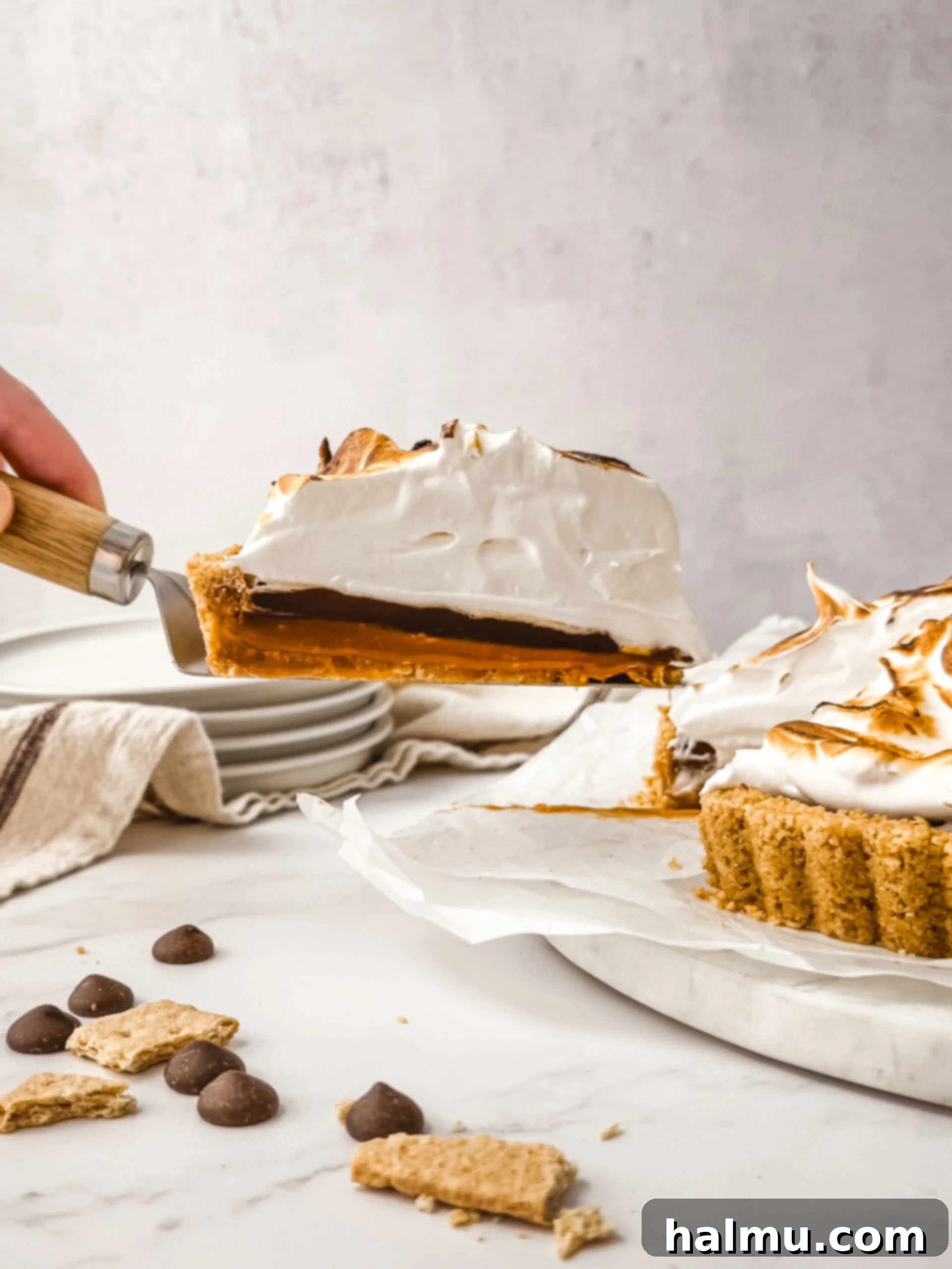 A stunning slice of Salted Caramel S'mores Tart, revealing its distinct layers of graham cracker crust, gooey salted caramel, rich chocolate ganache, and fluffy toasted marshmallow meringue.