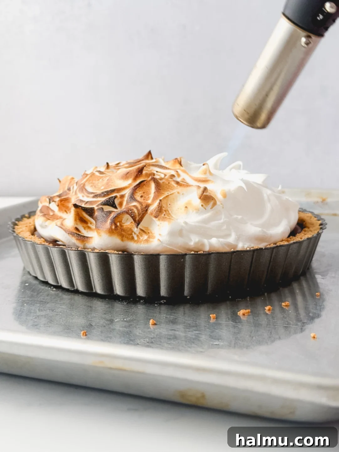 Close-up of a kitchen torch delicately toasting the marshmallow meringue on a s'mores tart, creating golden-brown peaks.