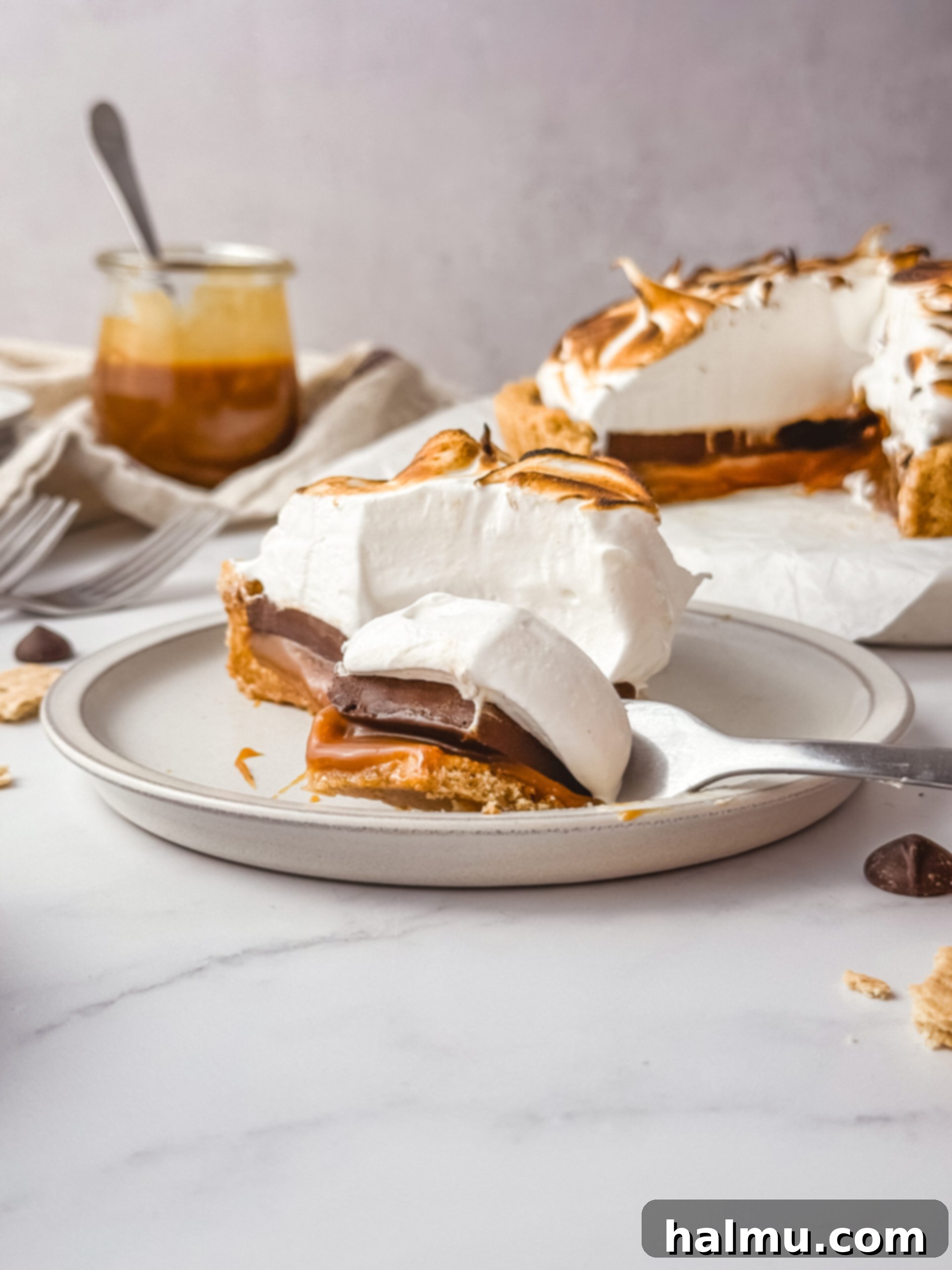 A tantalizing close-up of a Salted Caramel S'mores Tart slice on a wooden board, showcasing the beautiful layers.