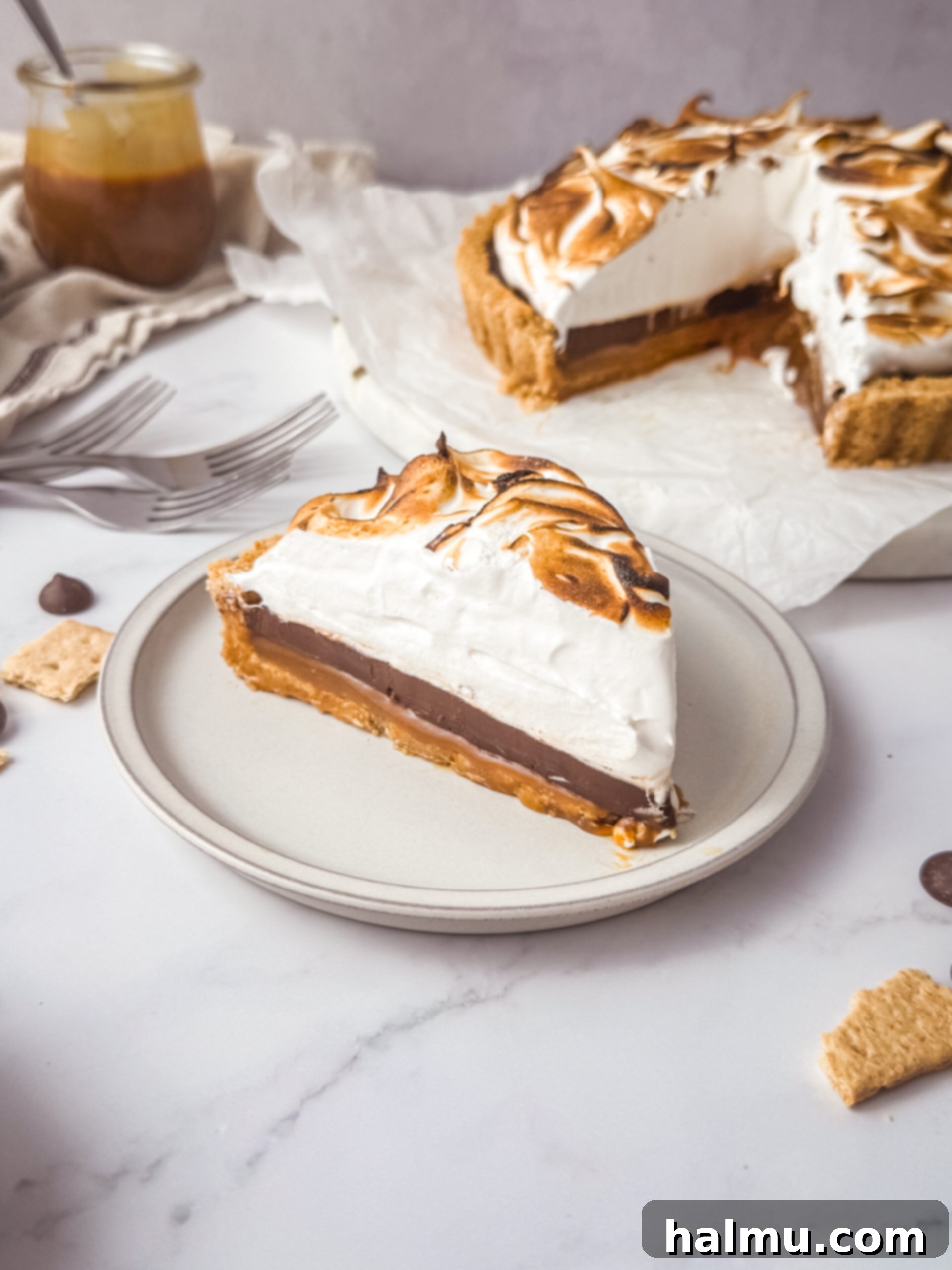 A perfect slice of Salted Caramel S'mores Tart on a white plate, highlighting the distinct layers and the toasted meringue.