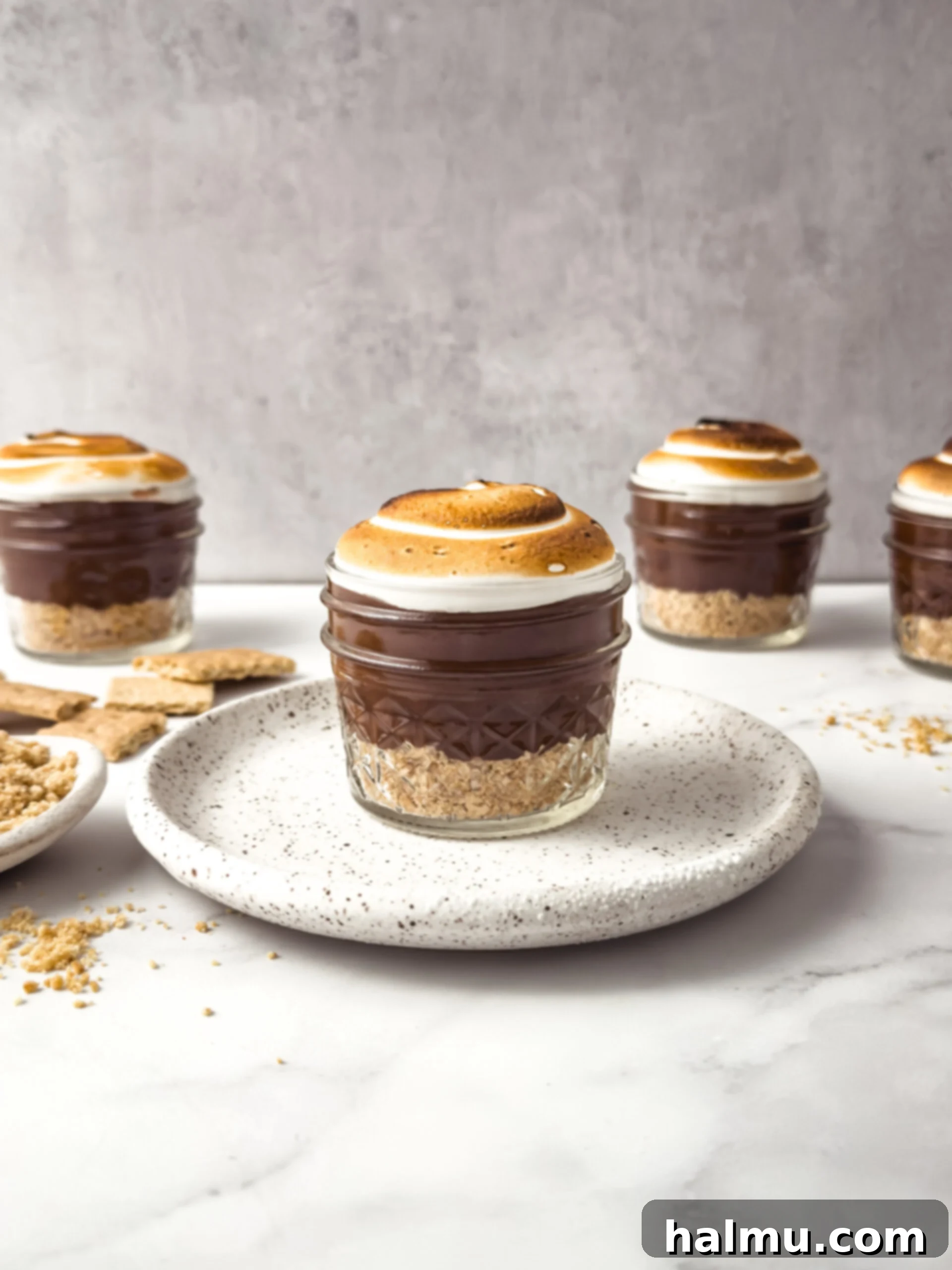 Delightful S'more Pudding Cups, layered with graham cracker, chocolate pudding, and toasted marshmallow meringue.