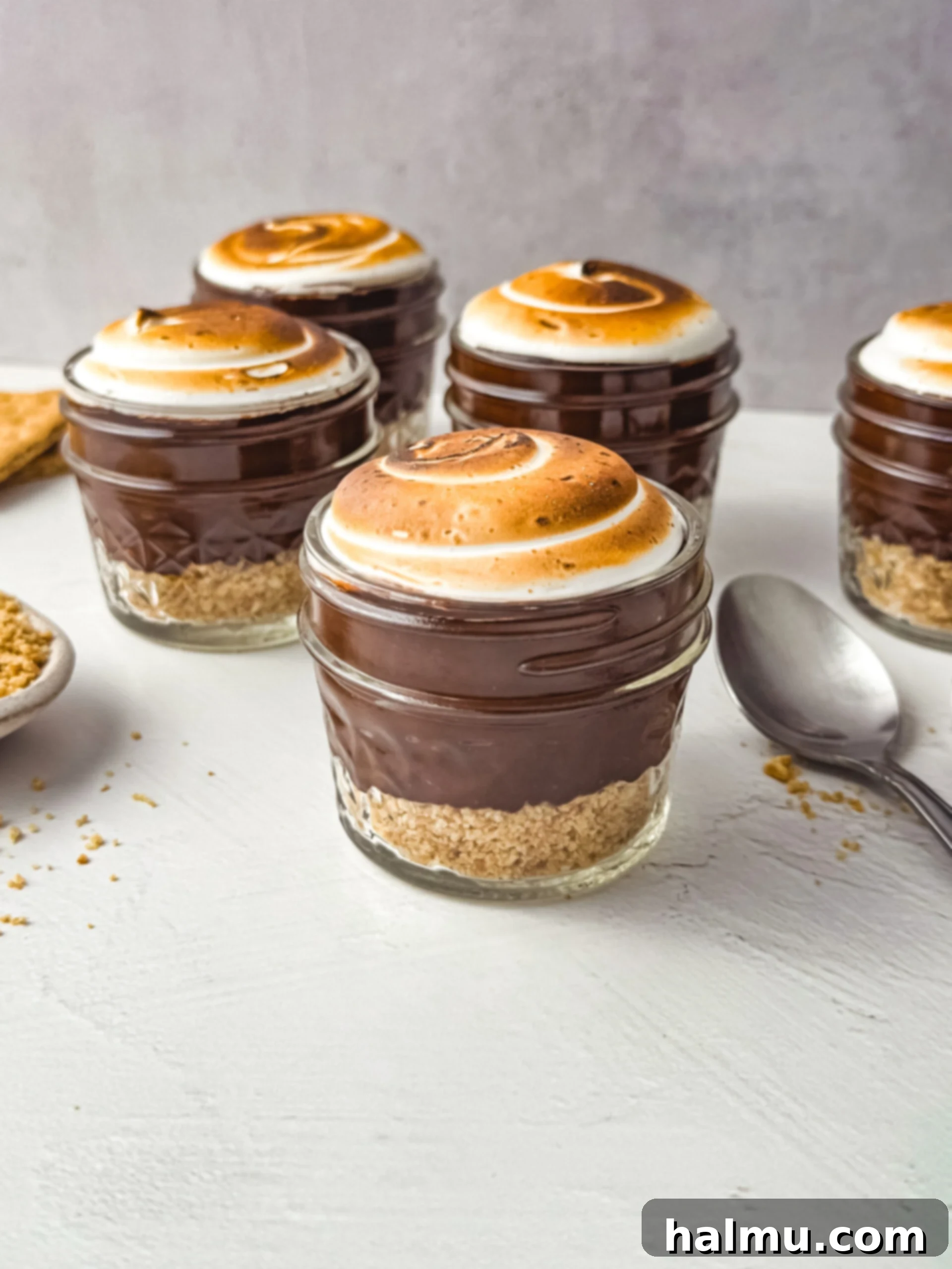 Two S'more Pudding Cups ready to be served, showcasing the beautiful layers and toasted meringue.
