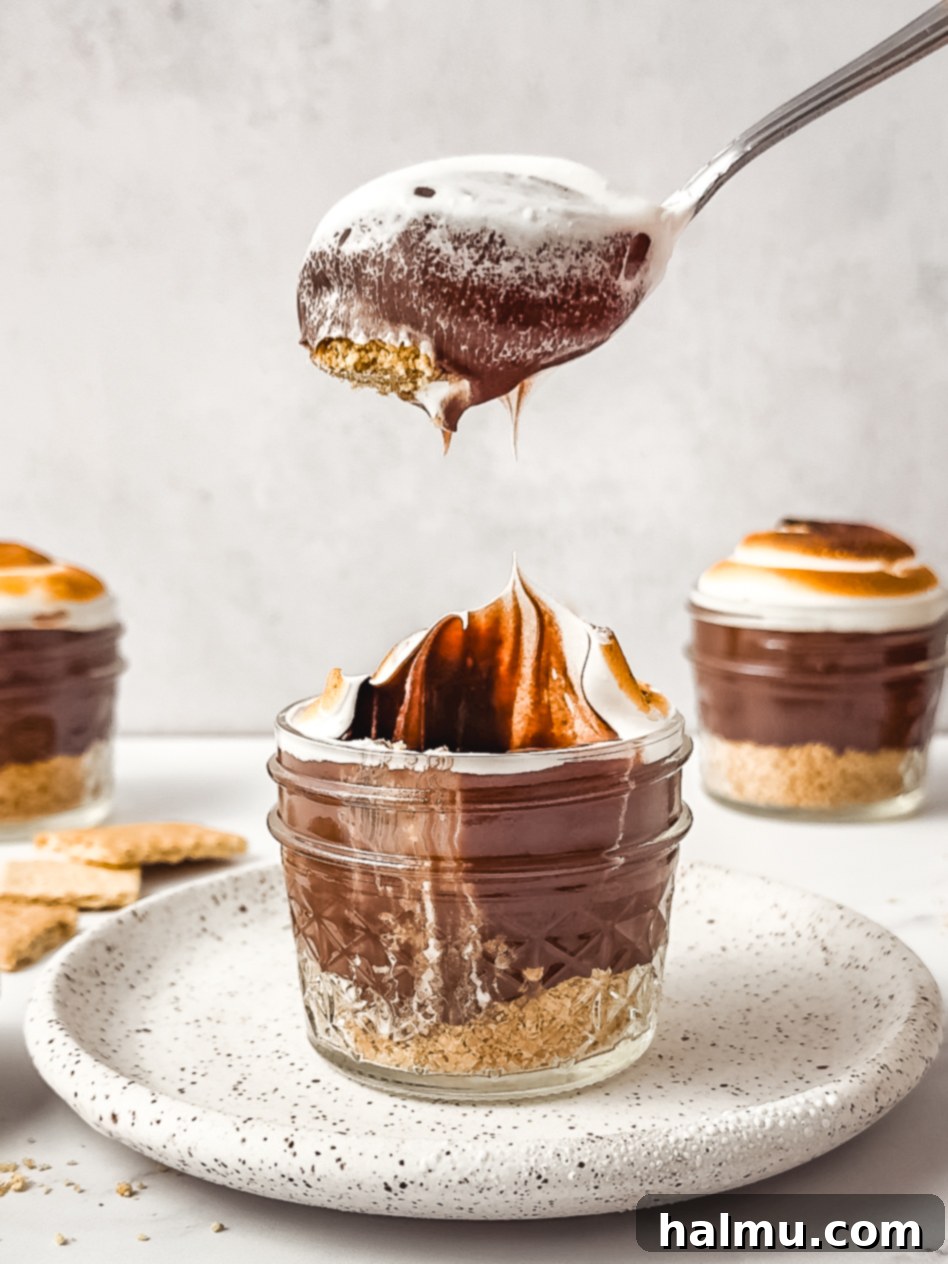 Close-up of a S'more Pudding Cup, showing the distinct layers of graham cracker, chocolate pudding, and marshmallow topping.