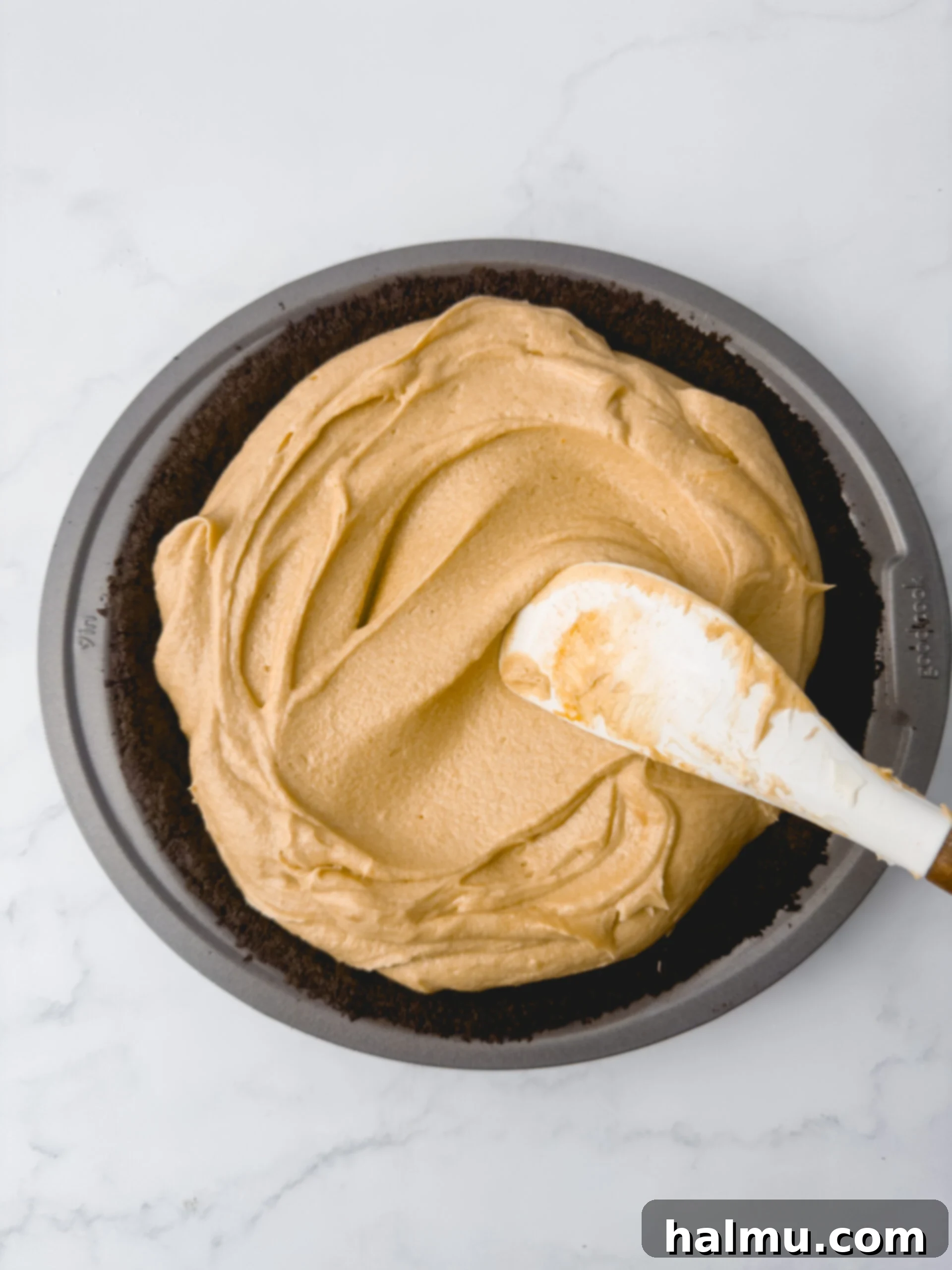 Close-up of the smooth and creamy peanut butter mousse filling