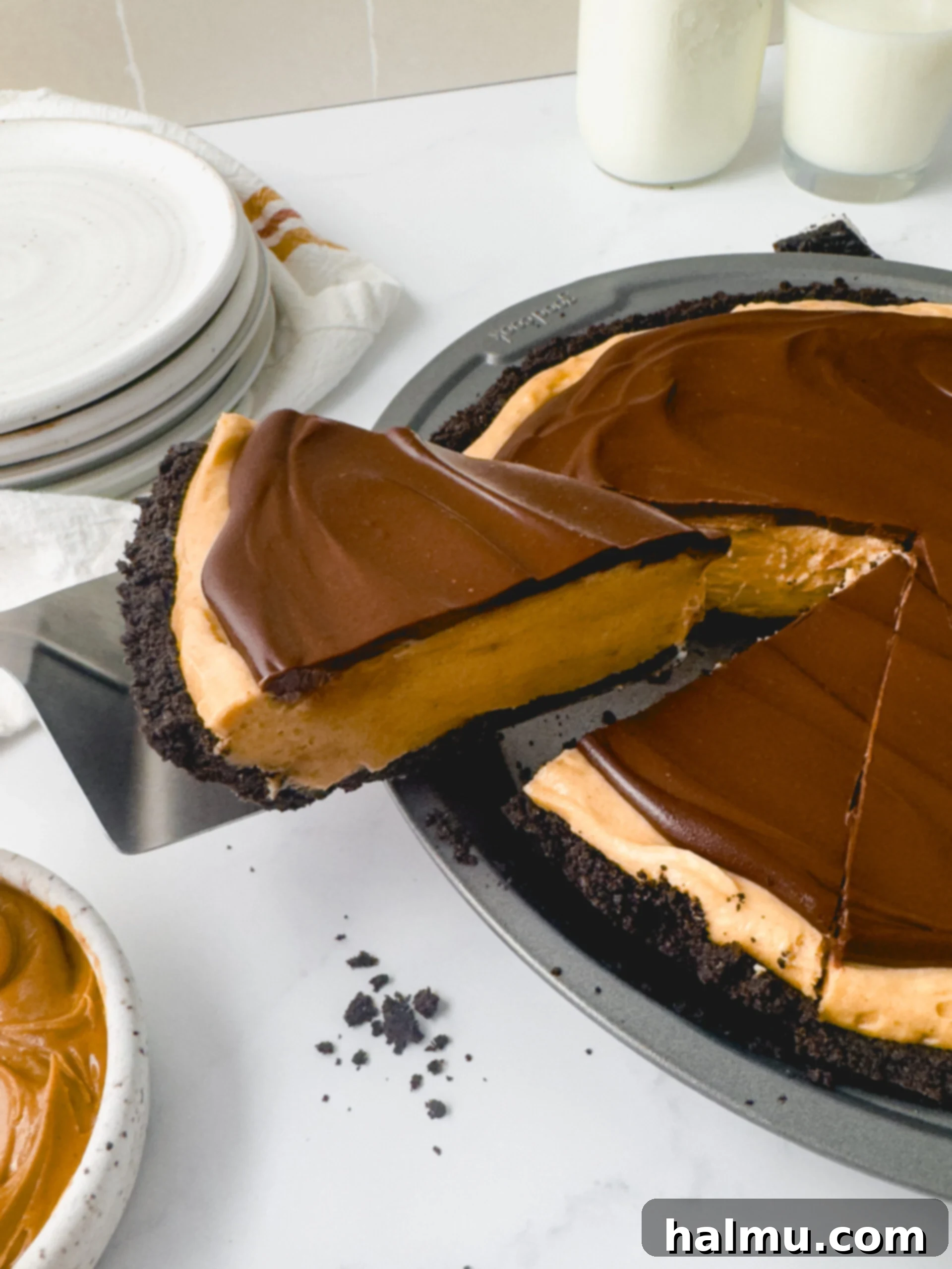 Overhead shot of a slice of Chocolate Peanut Butter Pie with perfect layers
