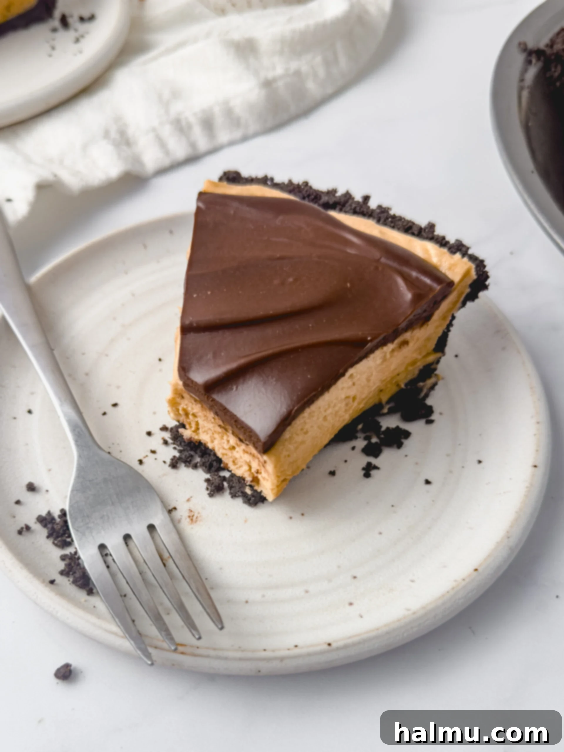 A whole Chocolate Peanut Butter Pie with a festive decoration on top