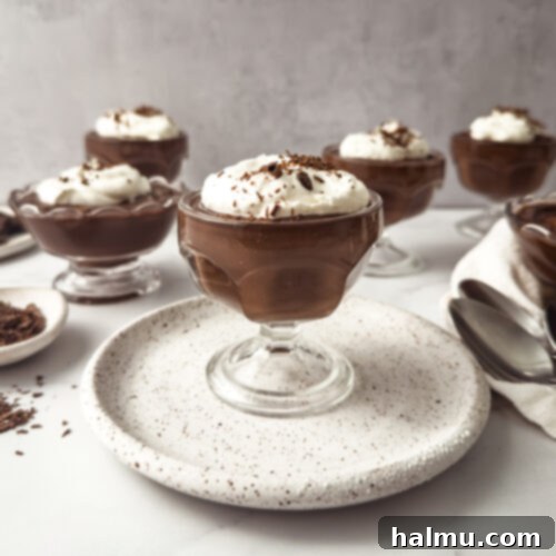 Homemade chocolate pudding with whipped cream and chocolate shavings.