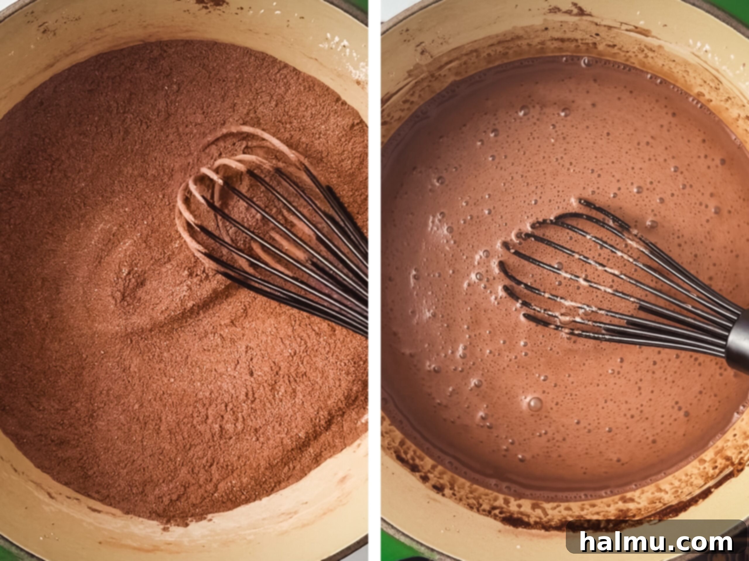 Dry ingredients being whisked with milk in a saucepan to create a smooth chocolate pudding base.