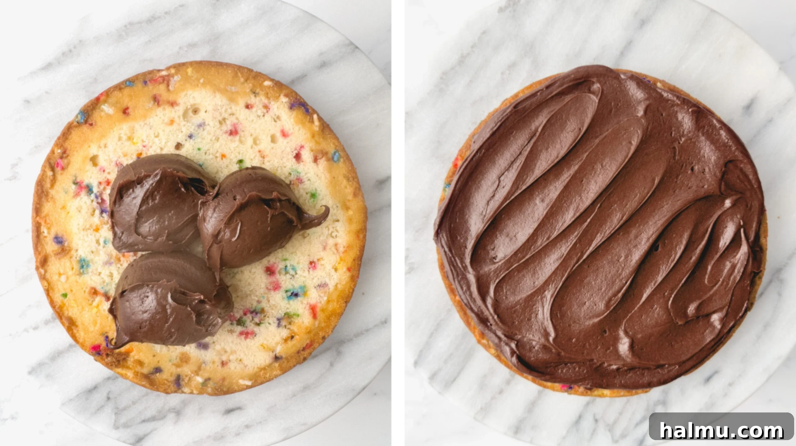 Overhead view of the Confetti Birthday Cake decorated with chocolate cream cheese frosting and a mix of jimmies and nonpareil sprinkles