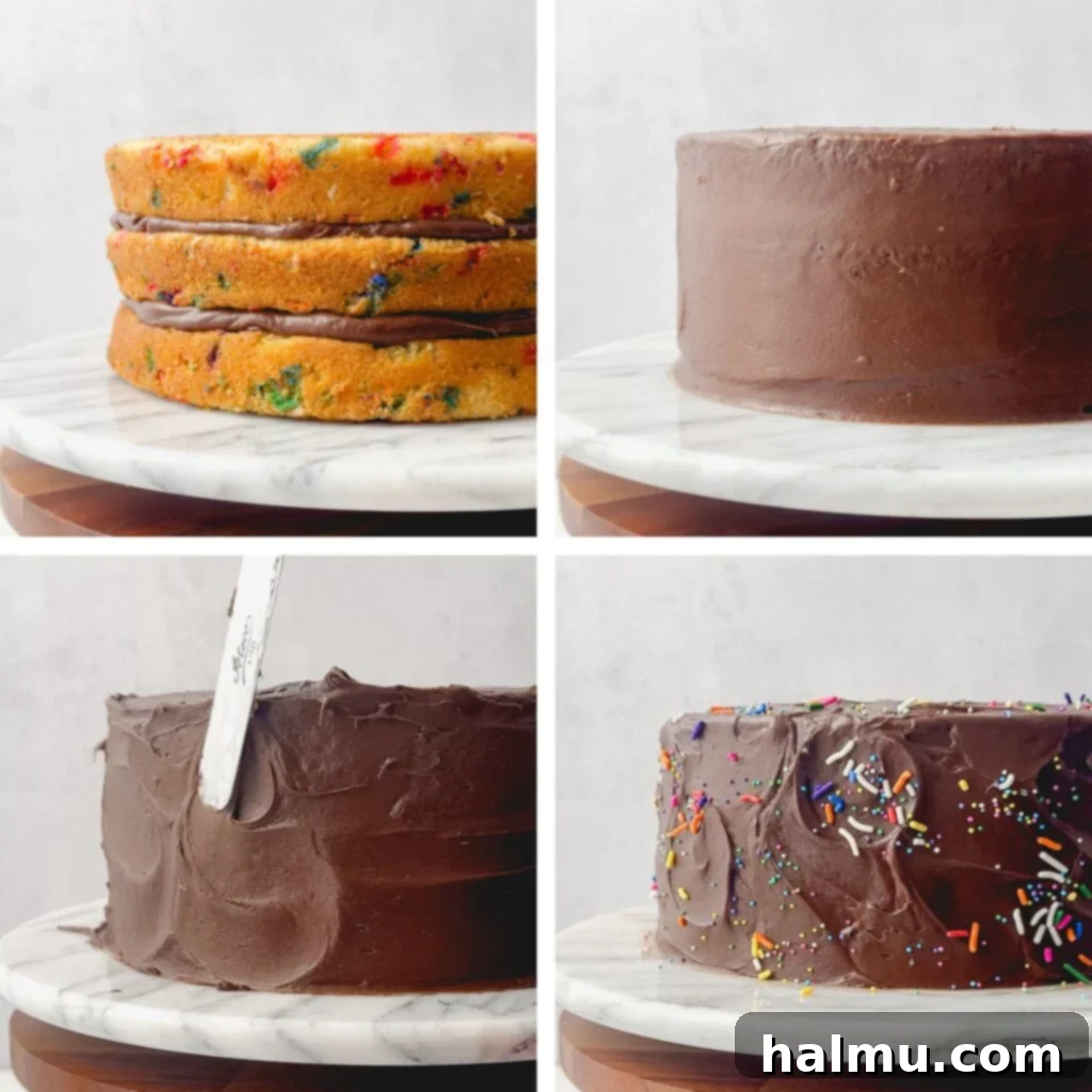 Side view of the decorated Confetti Birthday Cake, highlighting the wavy frosting texture and abundant sprinkles