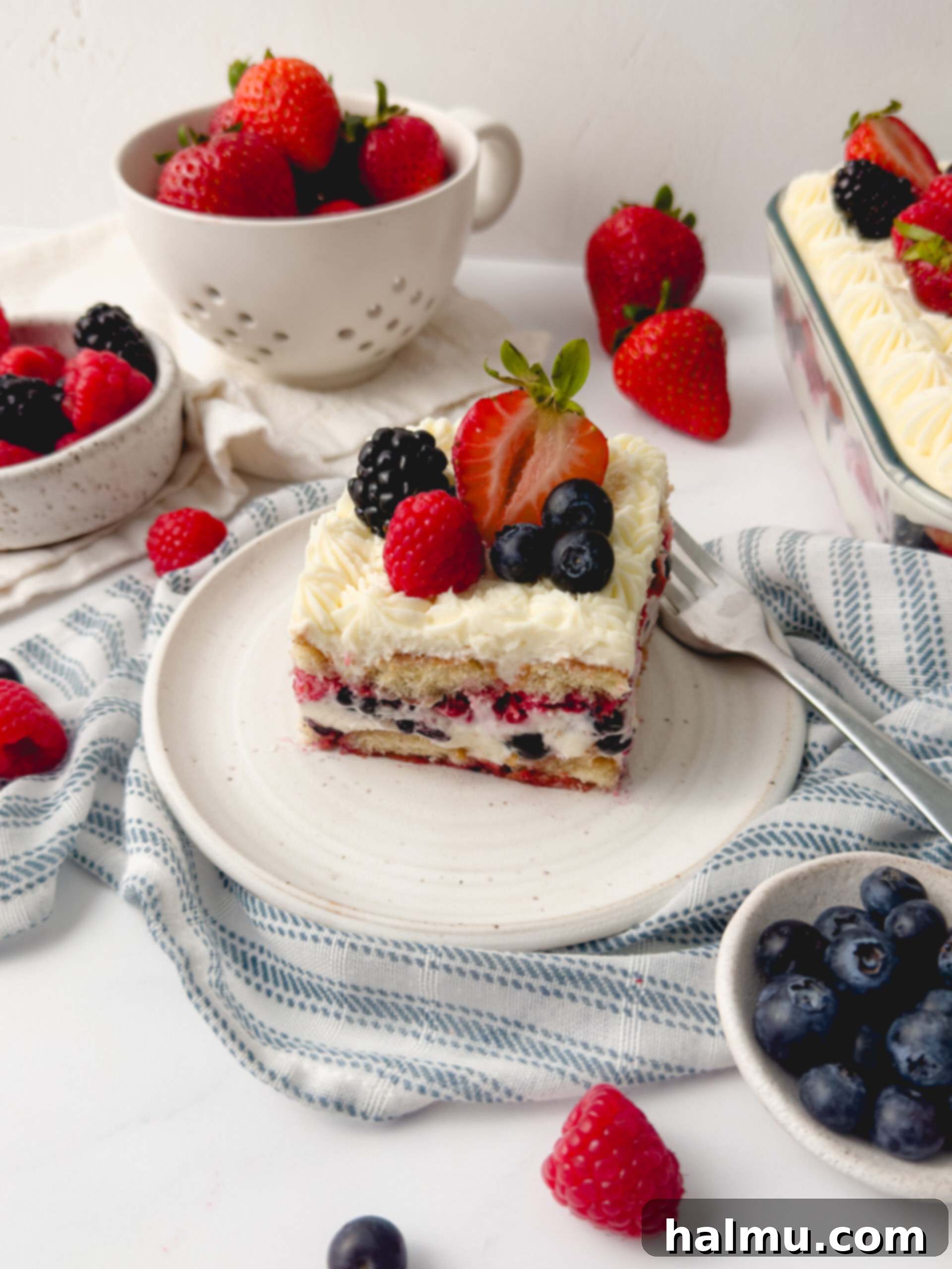 Overhead shot of Berry Chantilly Tiramisu with fresh berries and piped frosting.