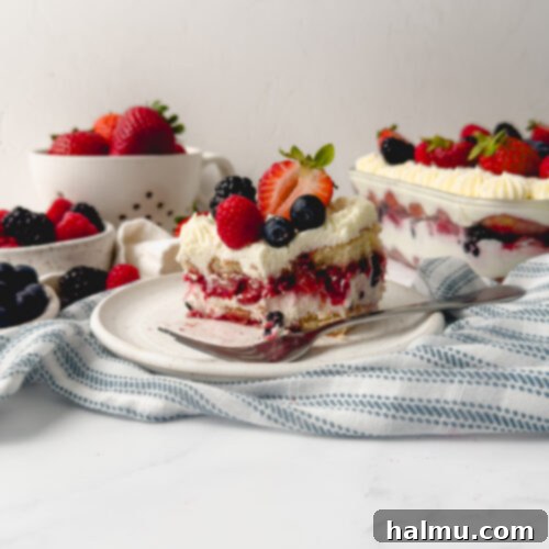 Berry Chantilly Tiramisu with fresh berries on top.