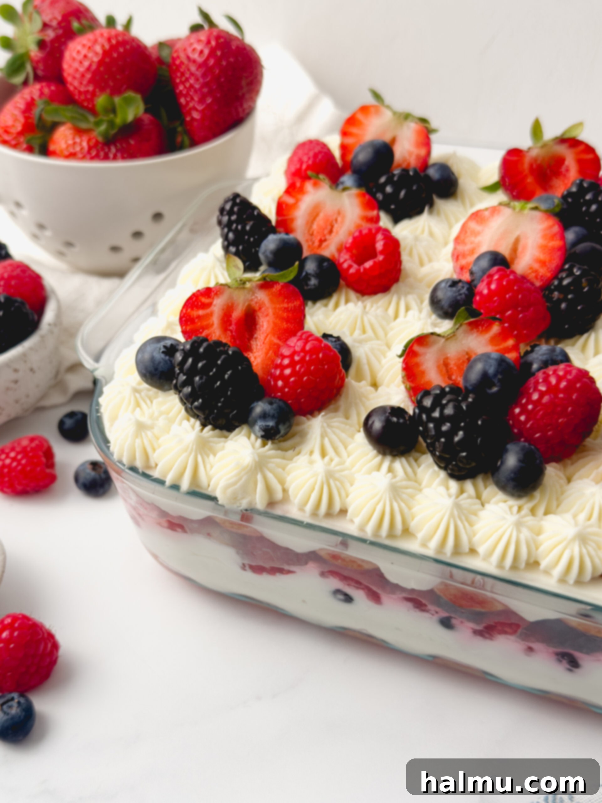 Close-up of Berry Chantilly Tiramisu layers: ladyfingers, frosting, and berries.