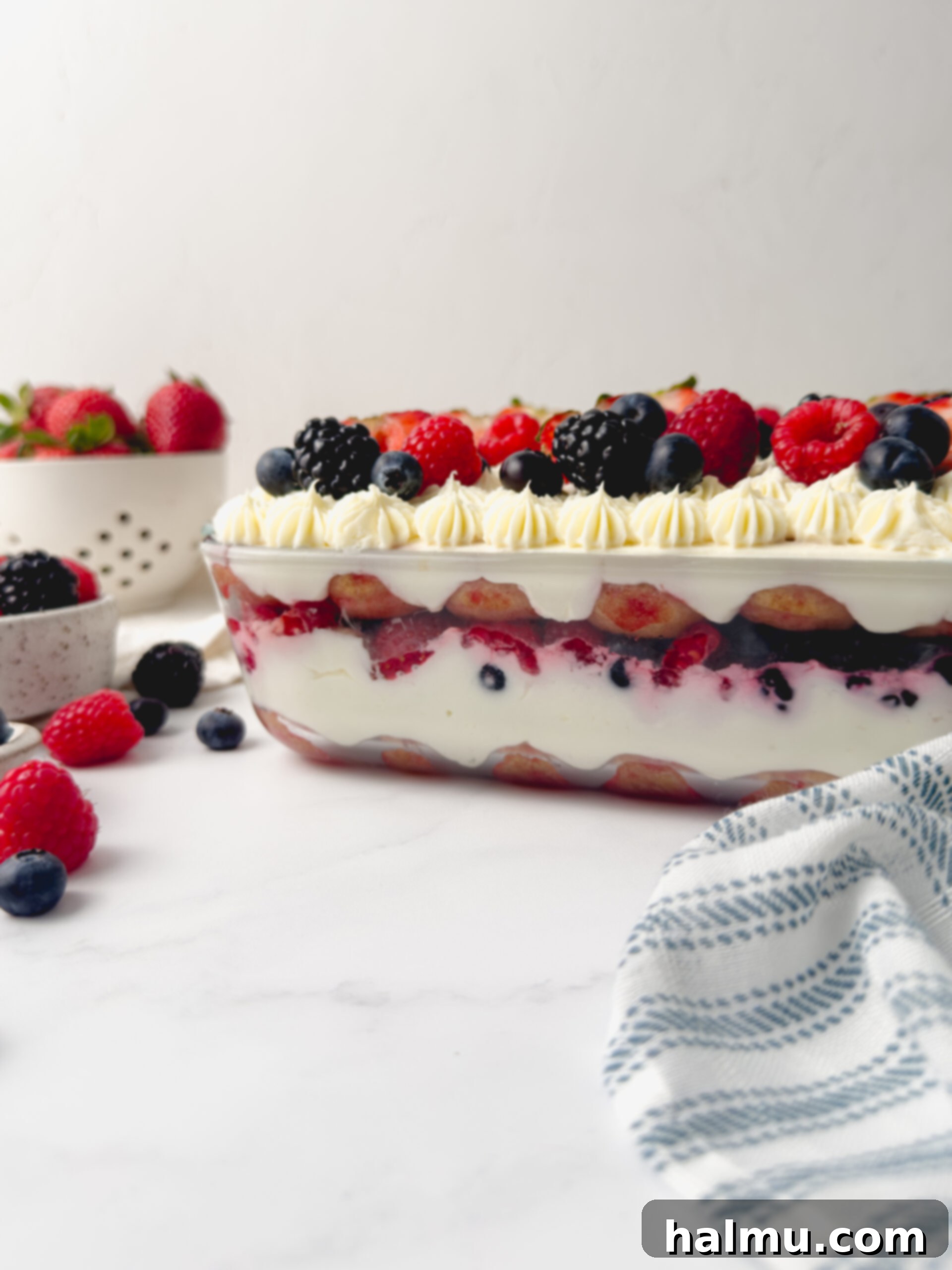 Ingredients for Berry Chantilly Tiramisu laid out: berries, ladyfingers, and a bowl of frosting.