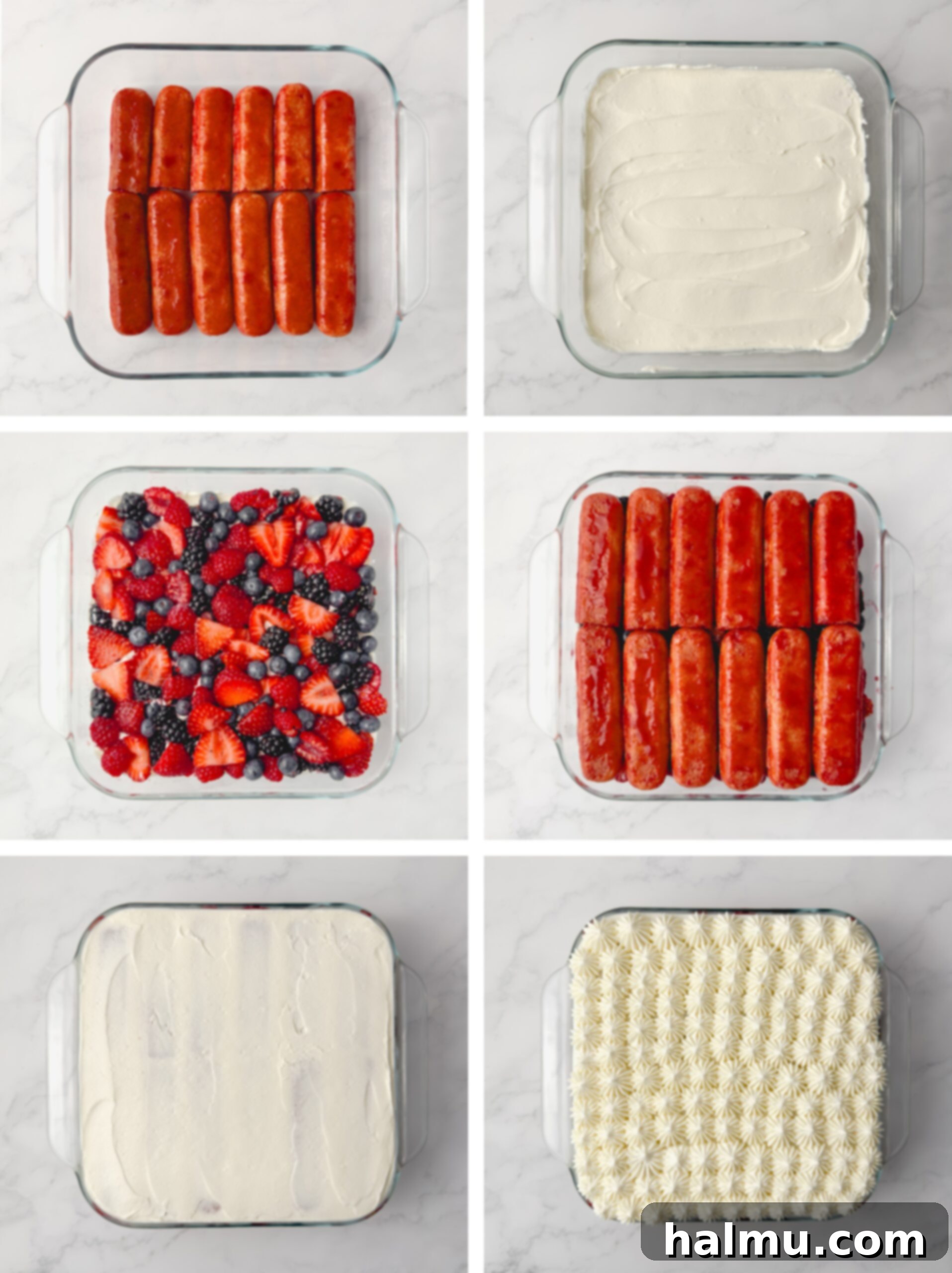 Hands arranging ladyfingers in a baking dish for Berry Chantilly Tiramisu.