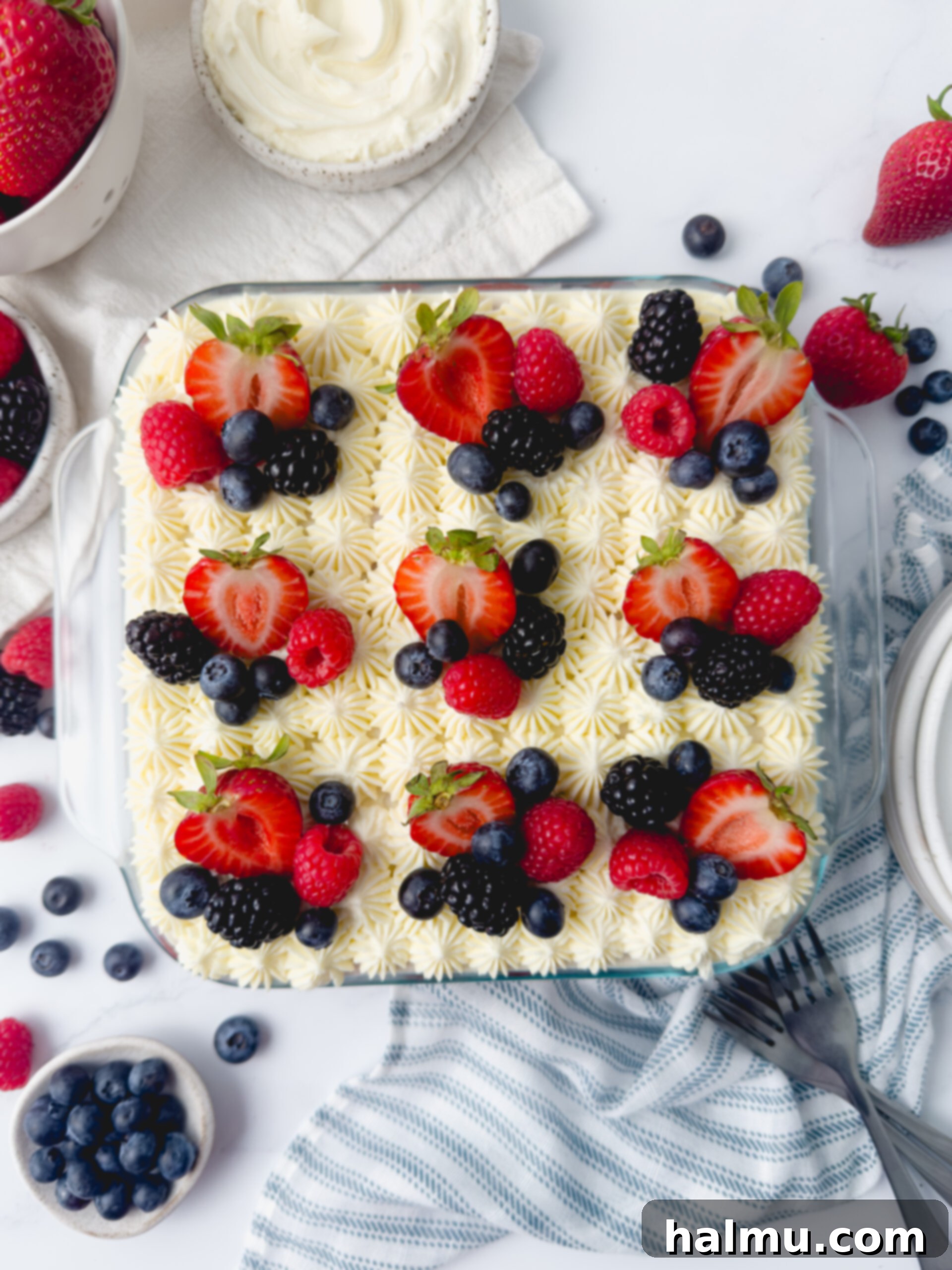 Close-up of decorated Berry Chantilly Tiramisu with piped frosting and fresh berries.