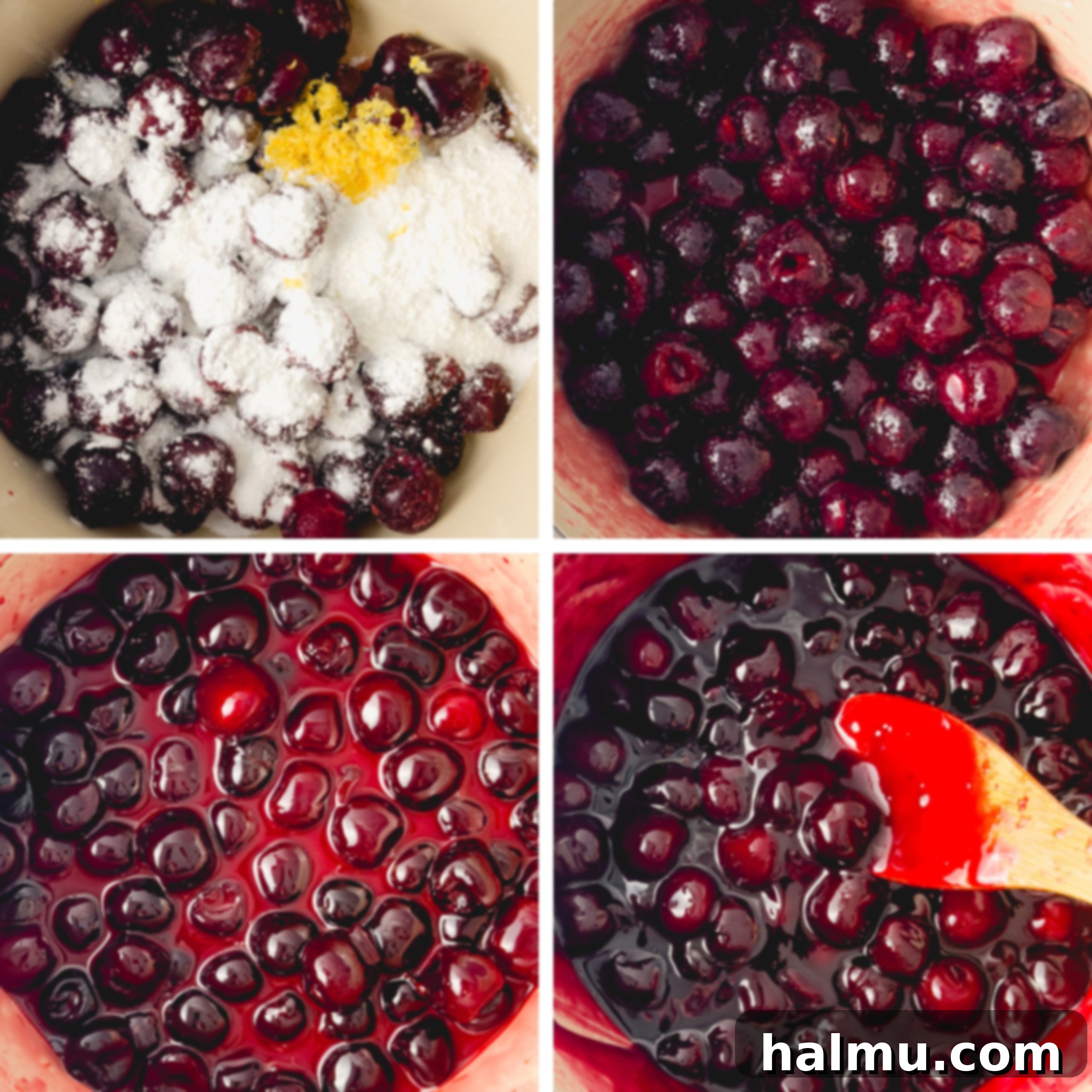Homemade Cherry Bliss 5 Ingredients for cherry compote simmering in a saucepan