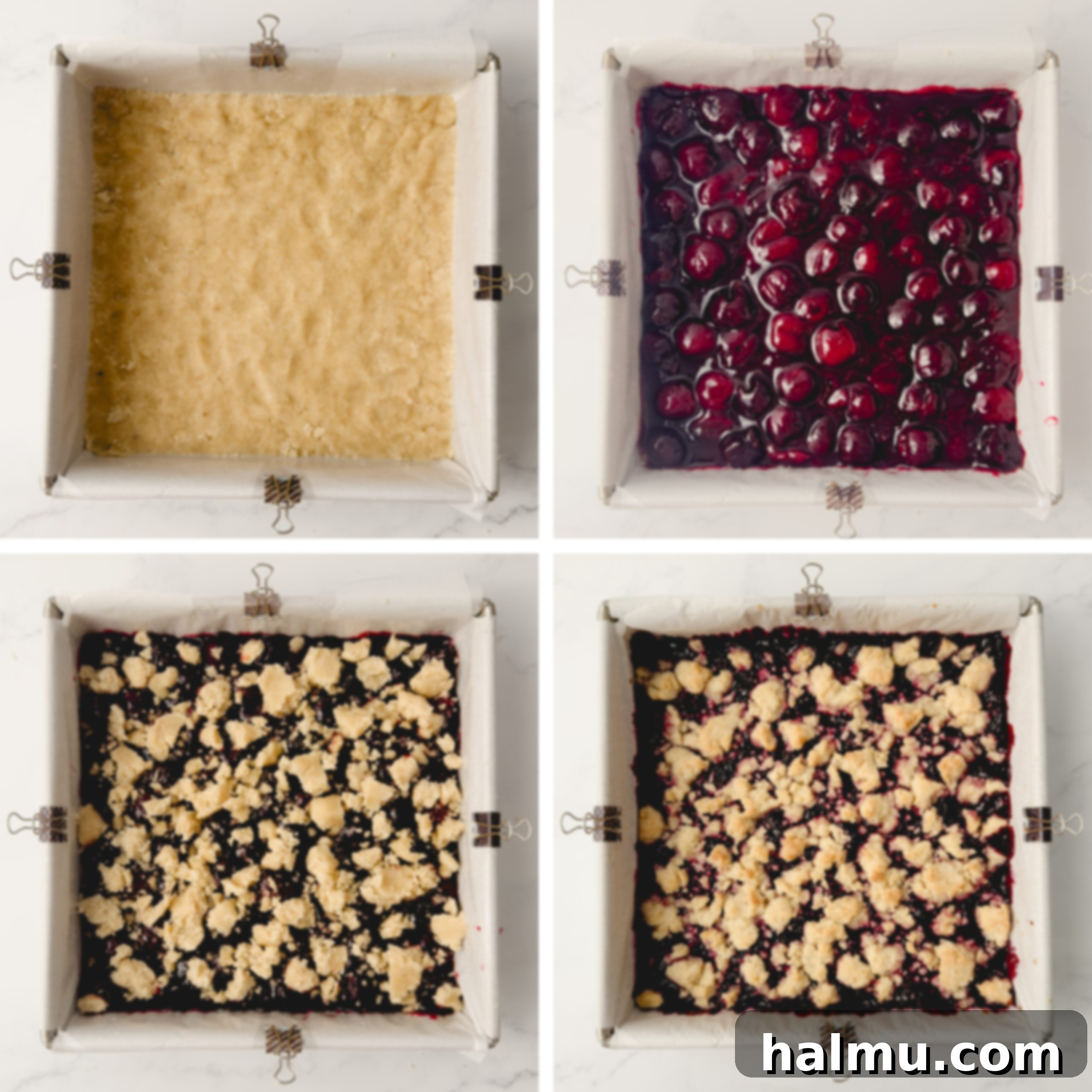 Cherry crumb bars baking in a square pan, showing bubbling cherry filling and golden crust.
