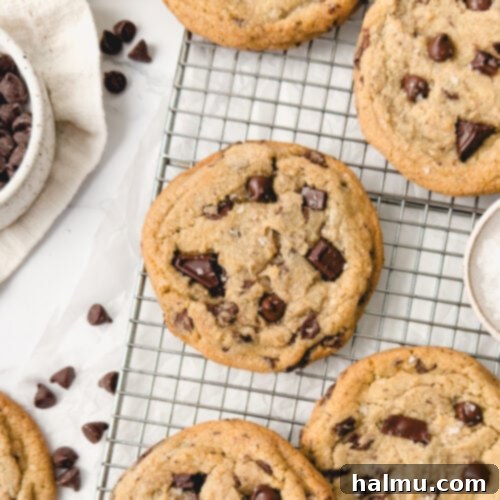 Close-up of a perfectly baked bakery-style chocolate chip cookie.