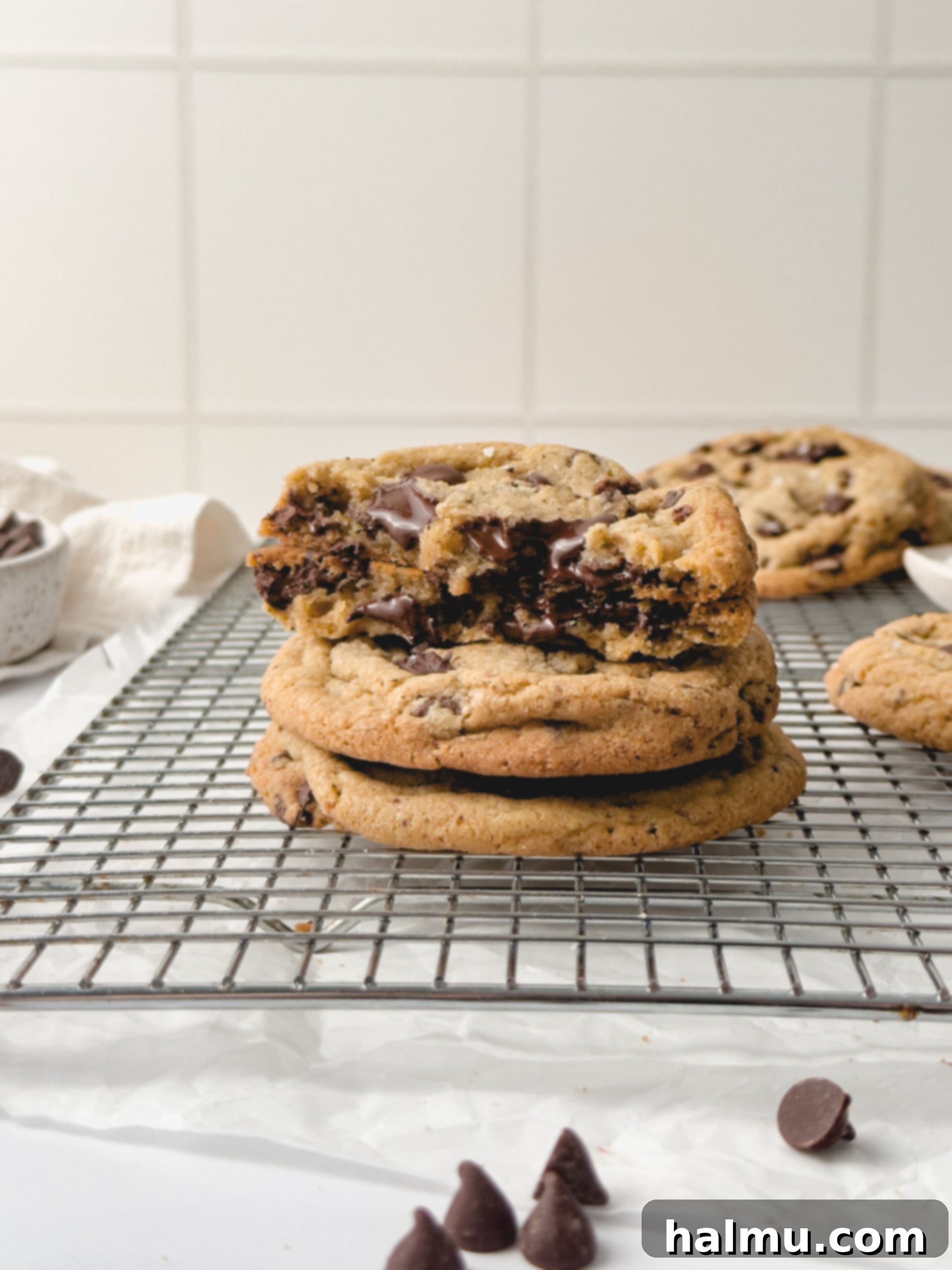 Close-up of a warm bakery-style chocolate chip cookie, showing melty chocolate.