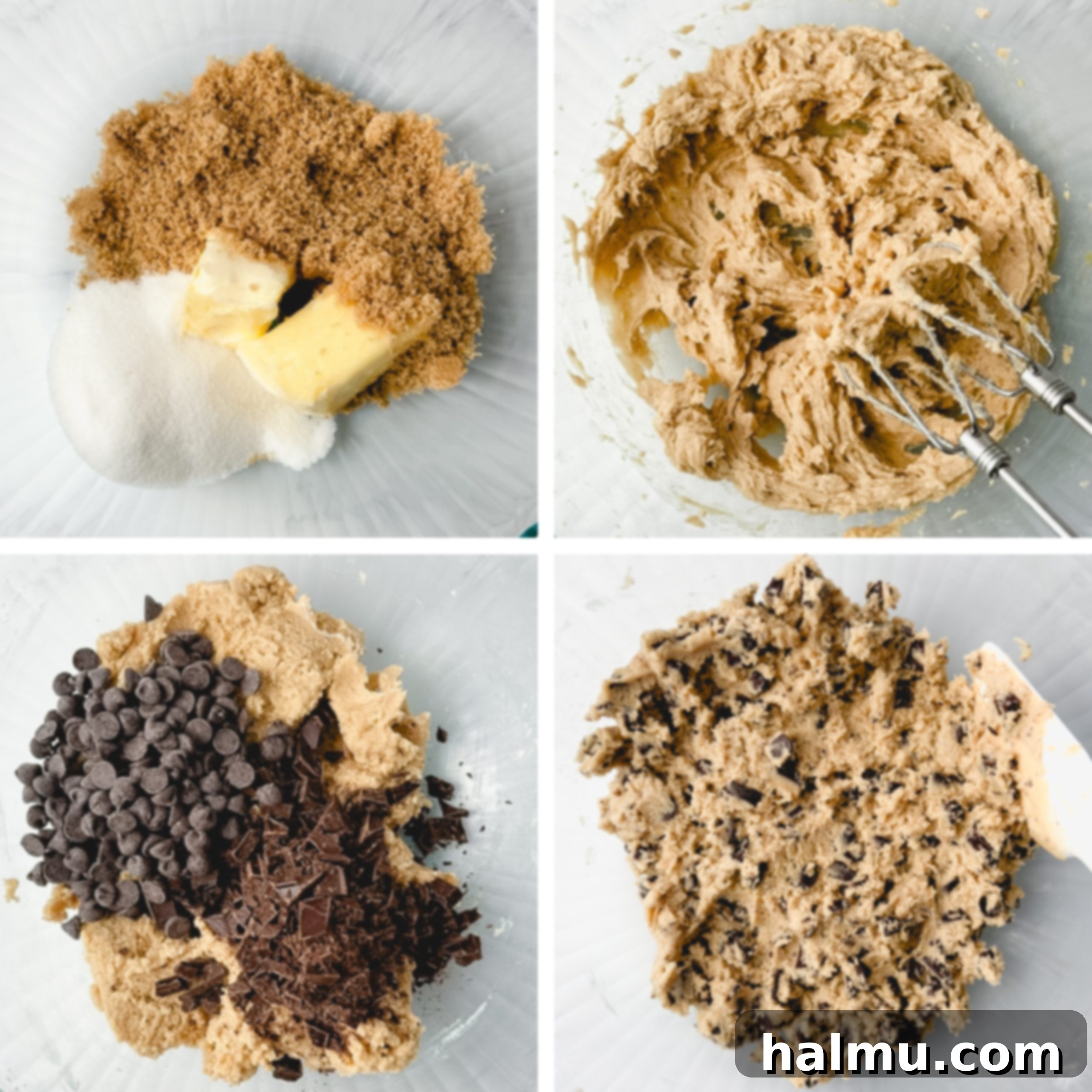 Cookie dough with chocolate chips being mixed in a bowl.
