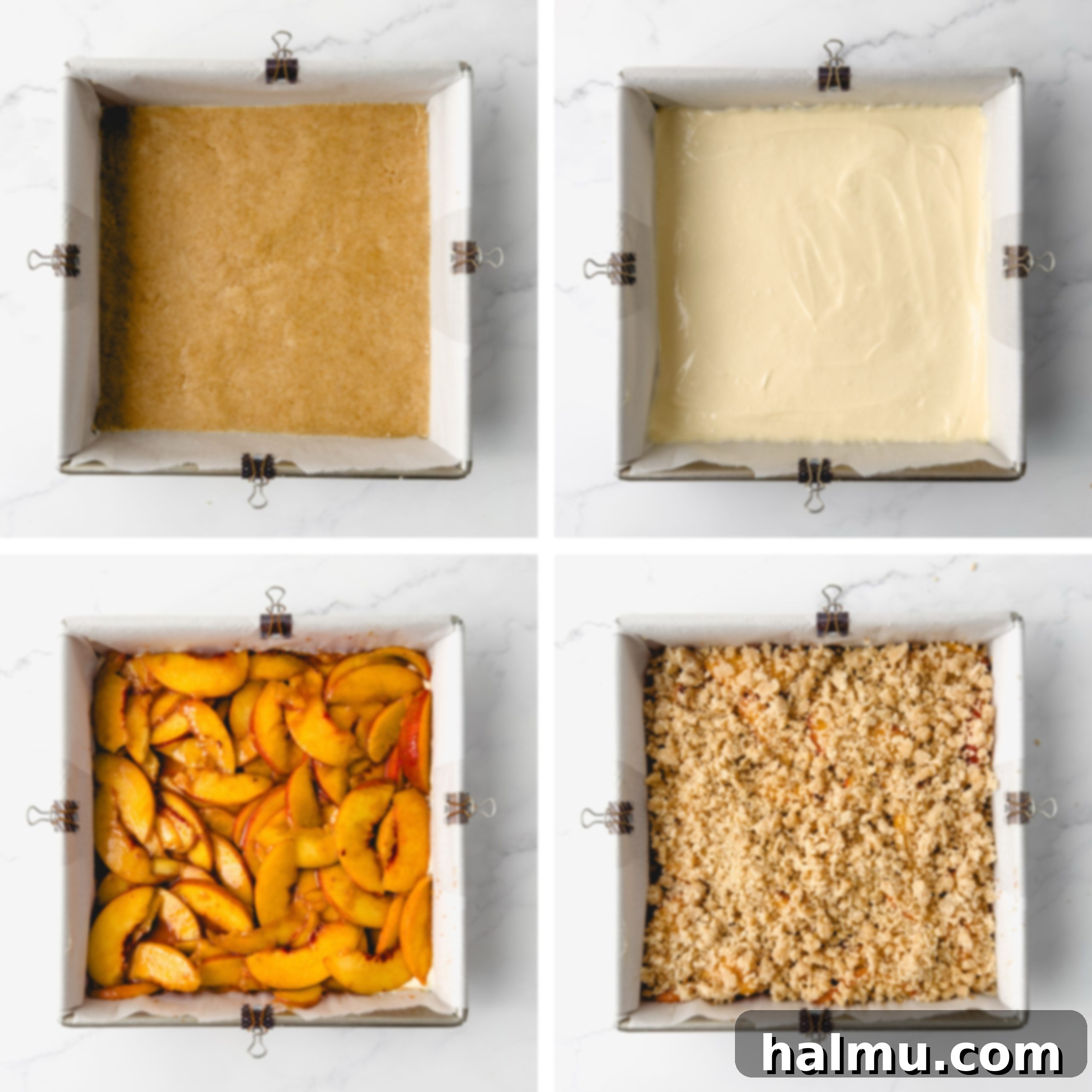 Sliced peaches being coated with cinnamon and brown sugar in a mixing bowl.