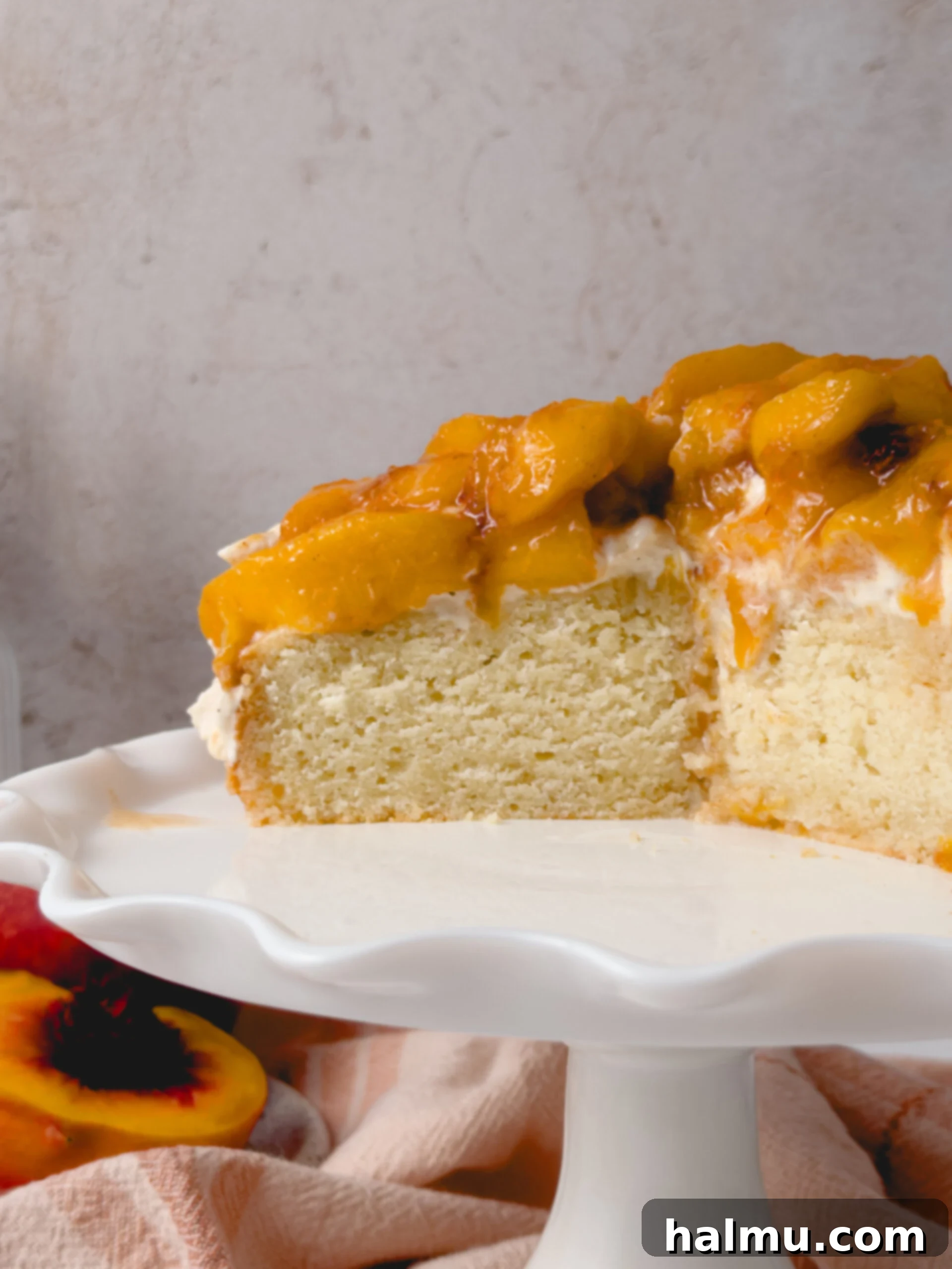 Peach Shortcake 7 Close-up of a slice of Peach Shortcake Cake with rich toppings.