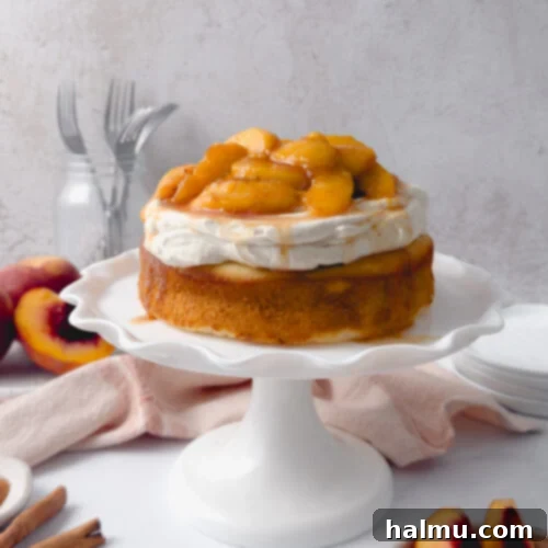 Peach Shortcake 10 Delicious Peach Shortcake Cake with a golden brown crust.