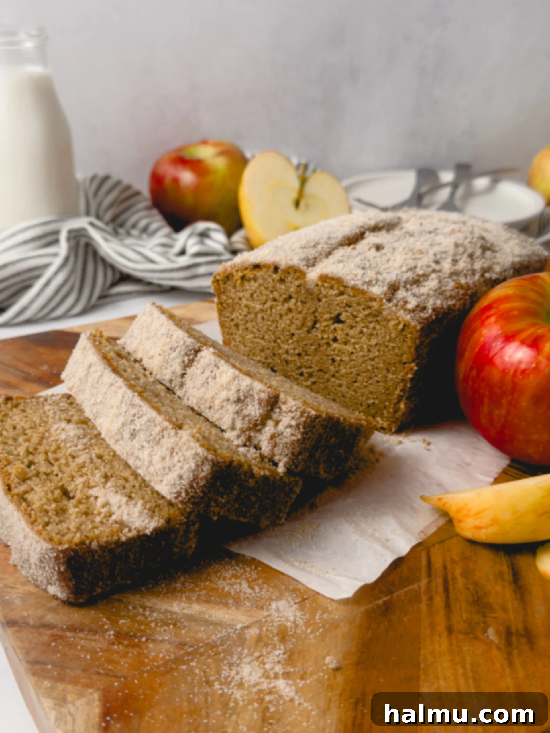 Spiced Apple Cider Doughnut Loaf 3 Close-up view of the rich cinnamon sugar coating generously applied to the top of an Apple Cider Donut Loaf Cake.