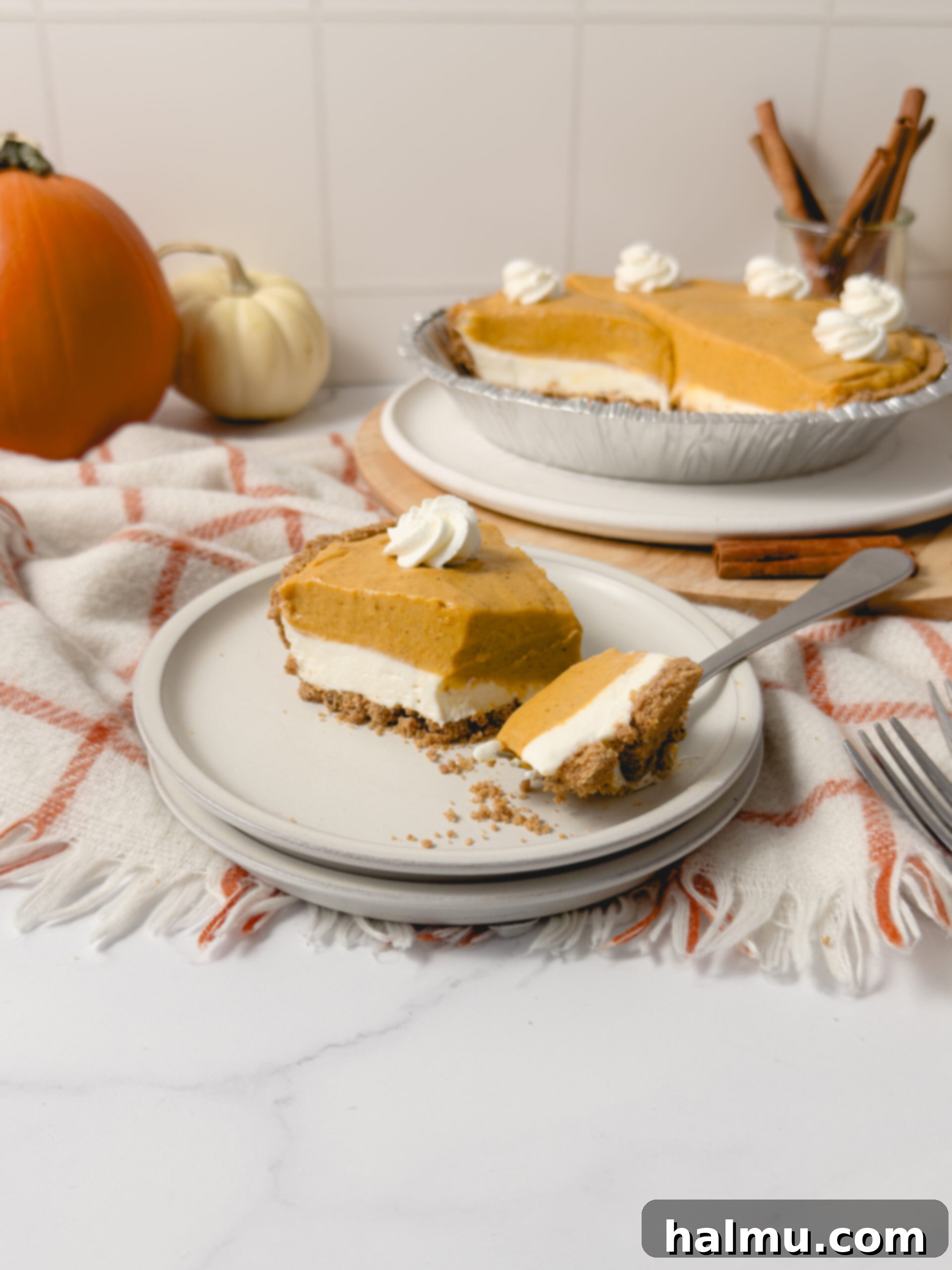 A beautifully decorated double layer pumpkin pie with a rustic fall background.