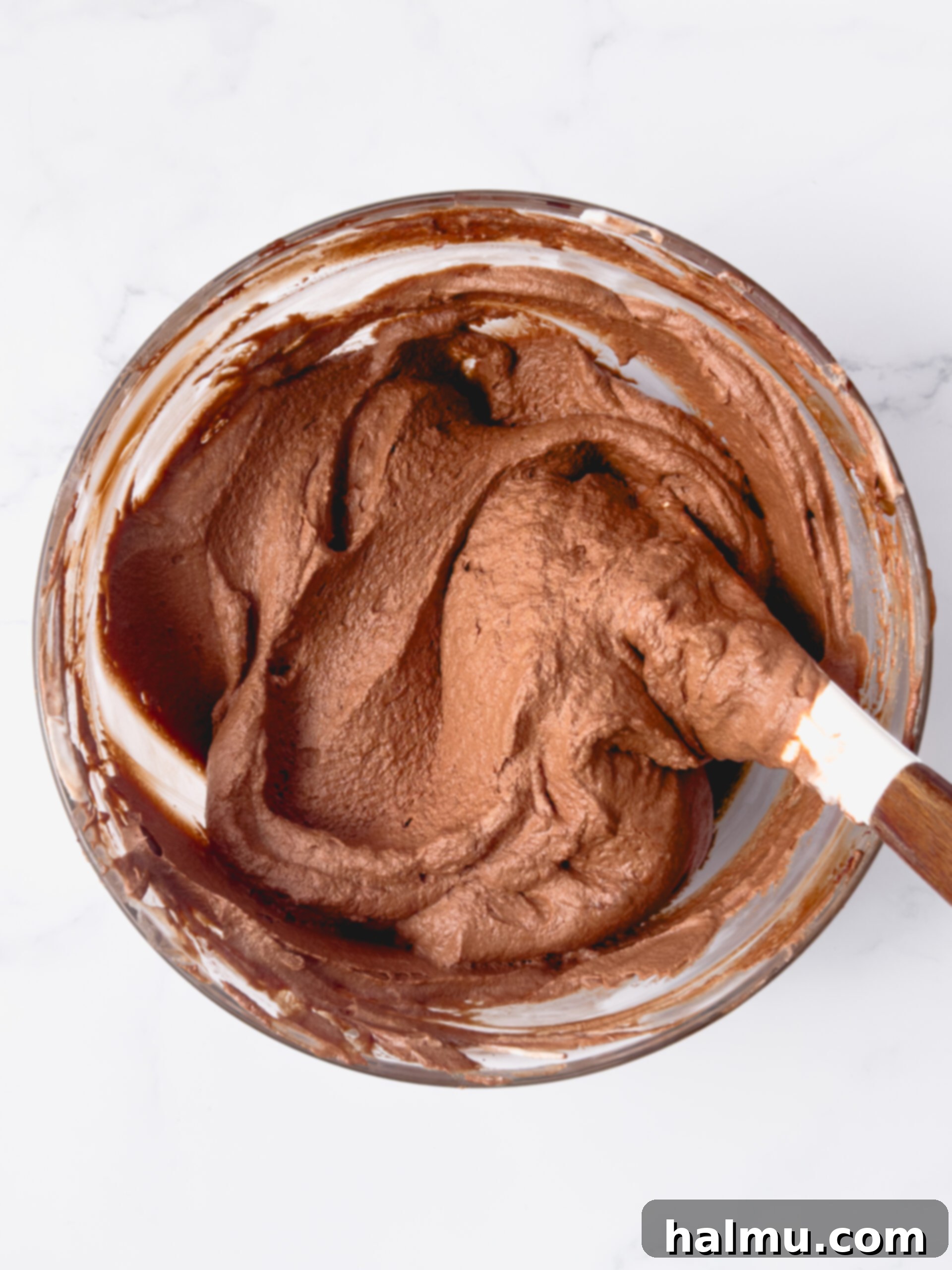 Decadent Chocolate Peppermint Dream 4 A close-up shot of the chocolate peppermint mousse filling a pie crust, before the ganache layer is added.