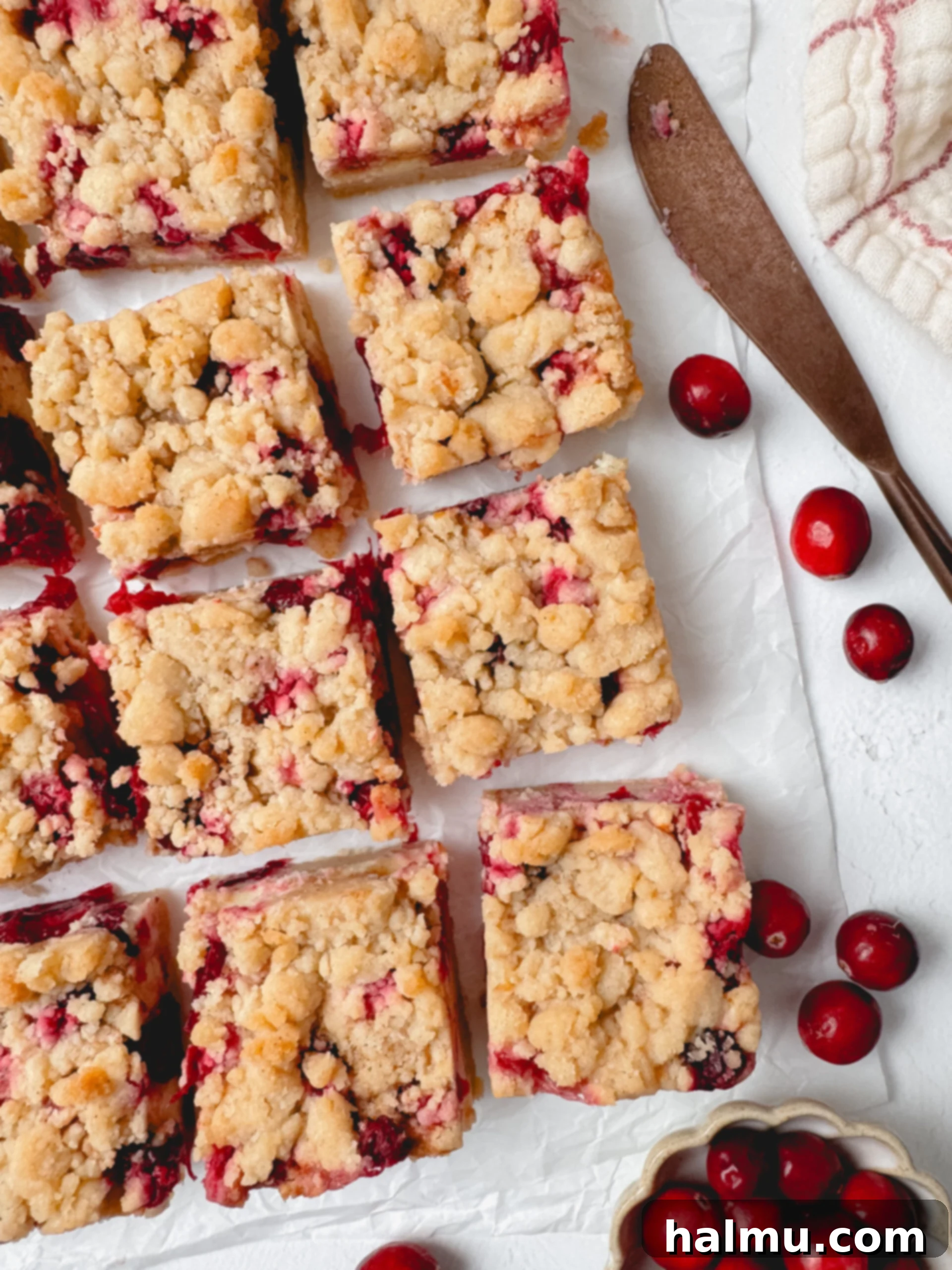 Delicious Cranberry Cheesecake Bars arranged on a serving plate.