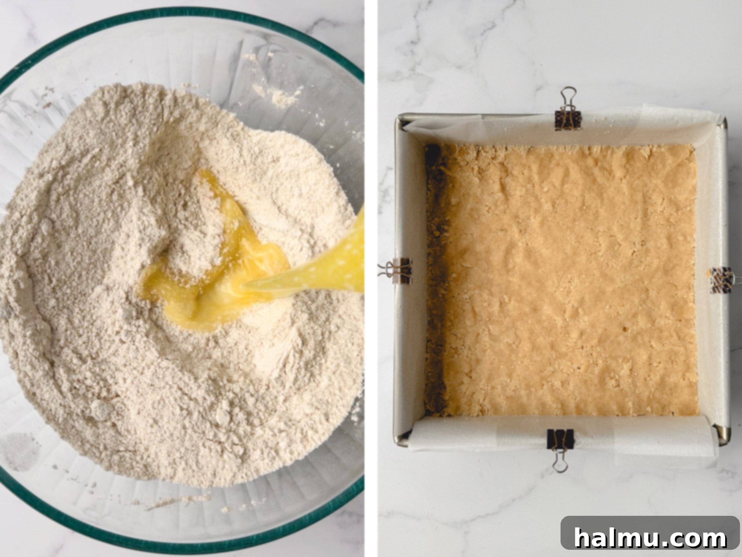 Mixing ingredients for the shortbread crust and crumble topping.