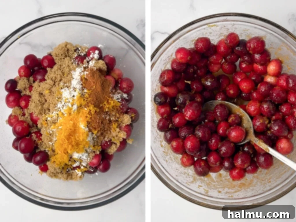 Fresh cranberries being mixed with sugar, orange juice, and zest for the filling.