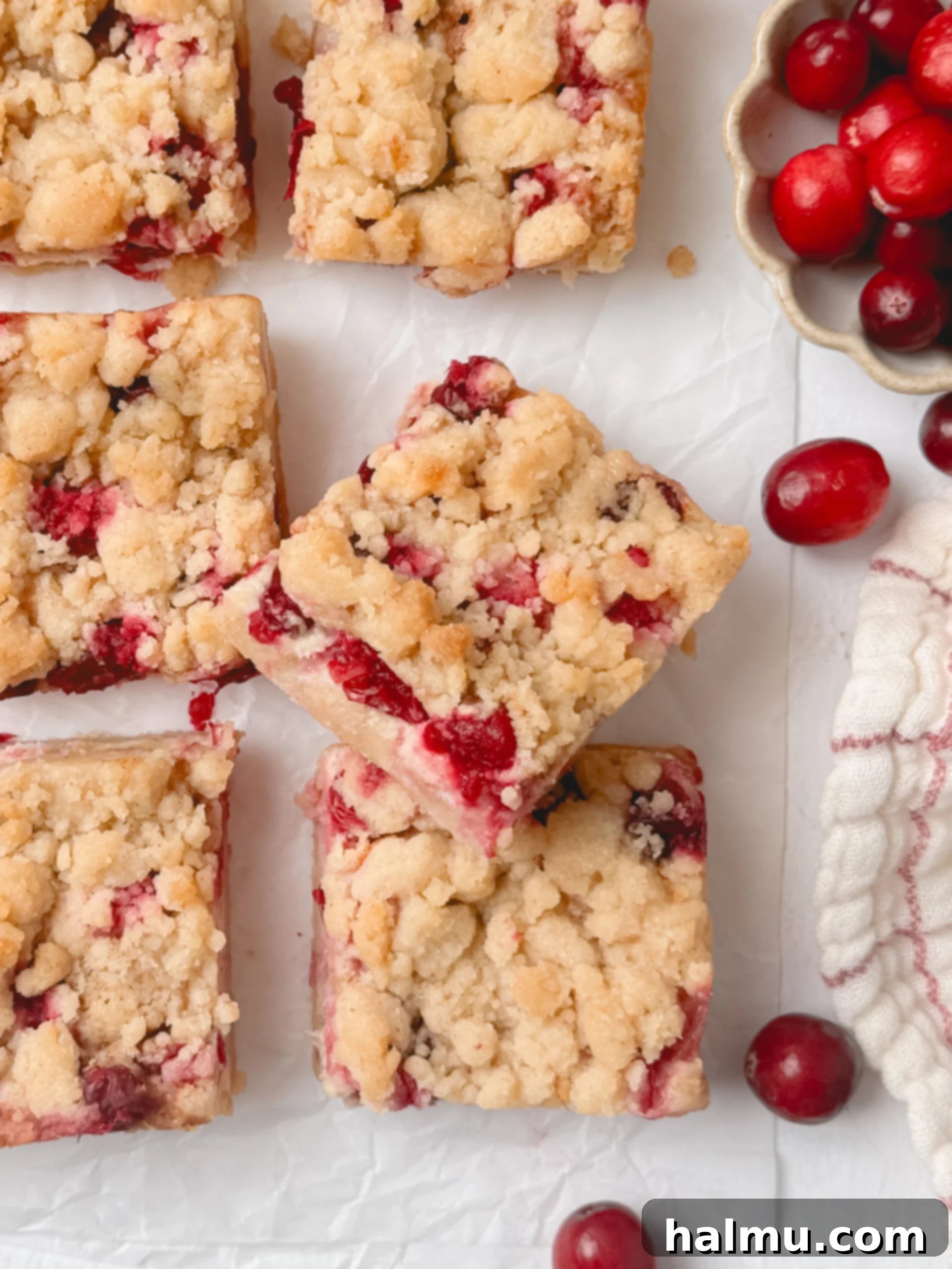 A freshly baked pan of cranberry cheesecake bars cooling on a wire rack.