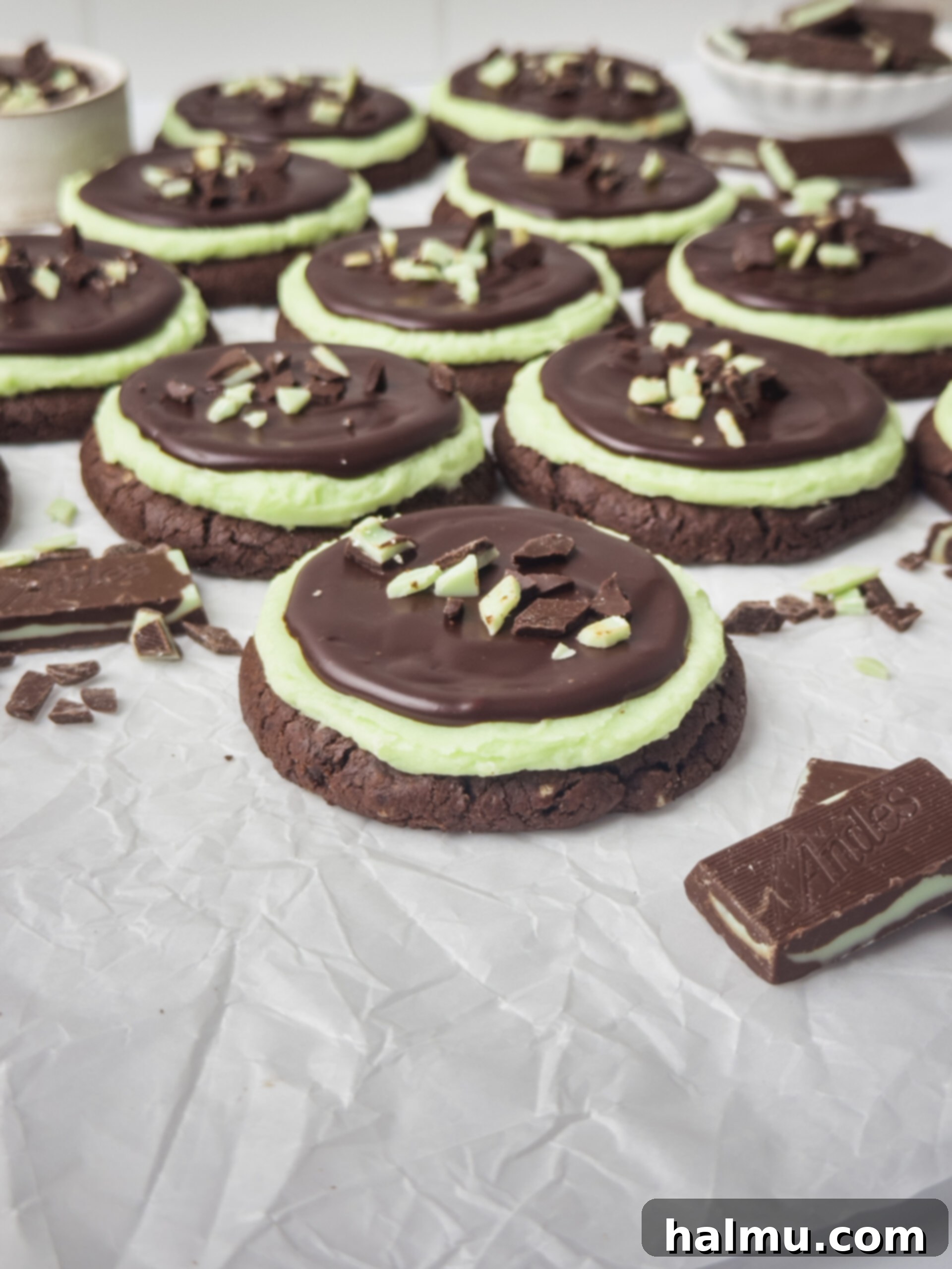 Frosted Andes Mint Dreams 8 Close-up of a beautifully decorated Frosted Andes Chocolate Mint Cookie, highlighting its rich layers and minty freshness.