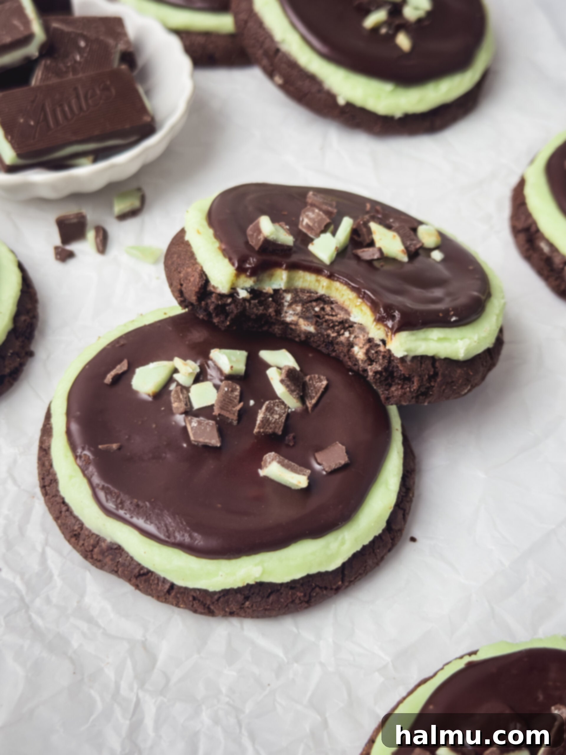 Frosted Andes Mint Dreams 9 Another mouthwatering close-up of a Frosted Andes Chocolate Mint Cookie, emphasizing its delicious texture.