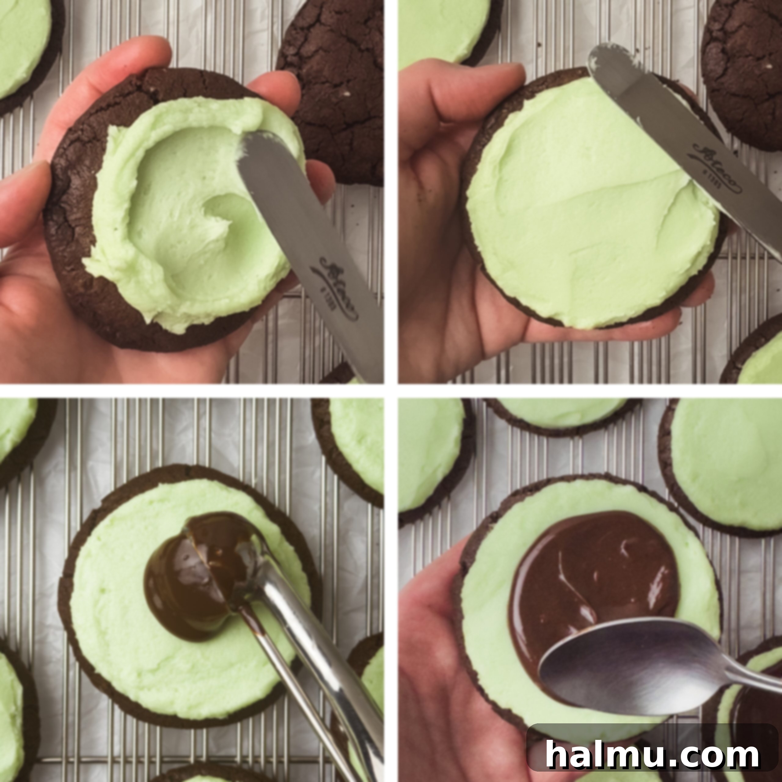 Frosted Andes Mint Dreams 5 Finished frosted Andes chocolate mint cookies, perfectly topped with ganache and crushed mints, ready to be enjoyed.