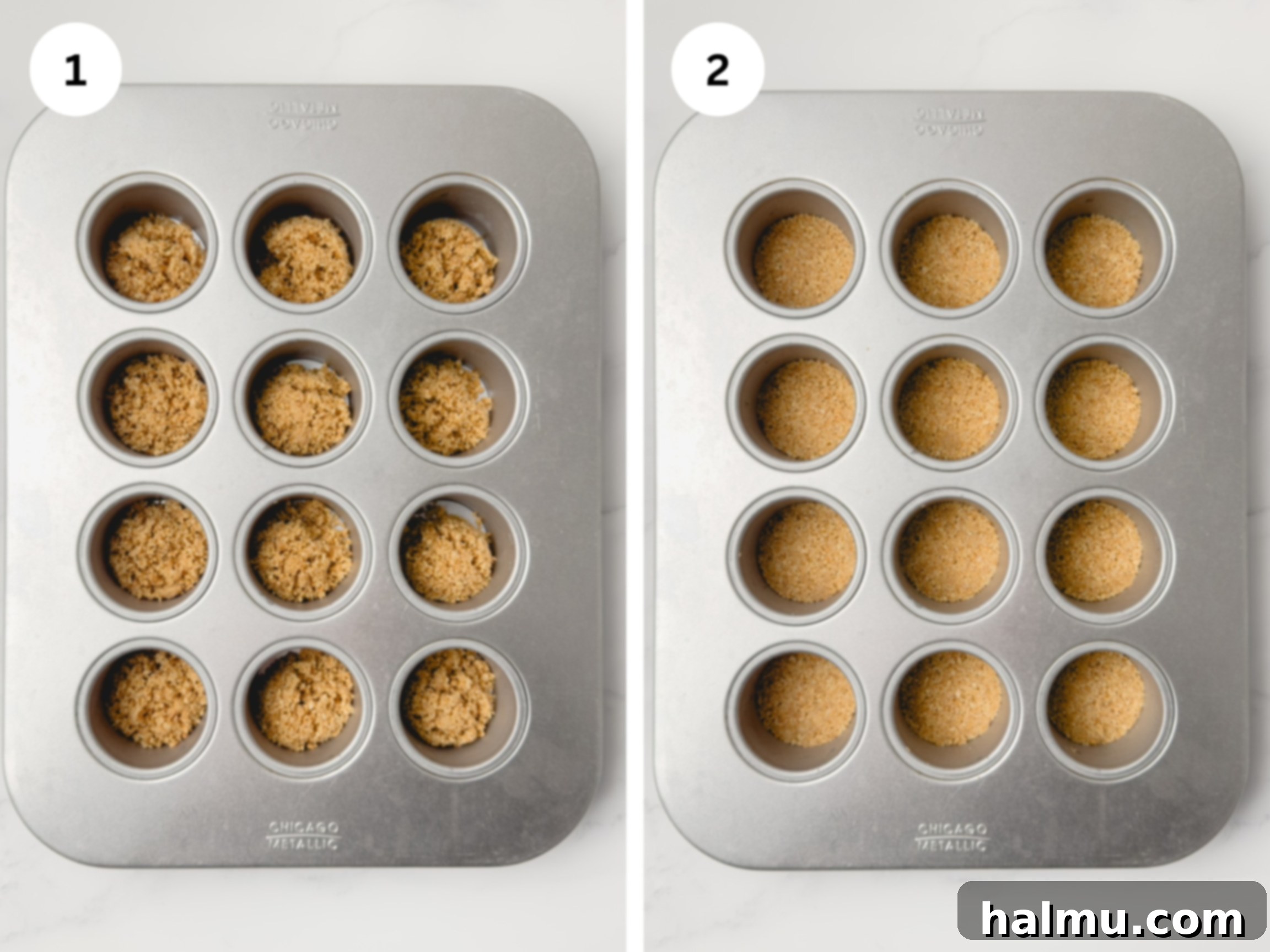 Easter Mini Egg Cheesecake Bites 4 Pressing graham cracker crust into mini cheesecake pan