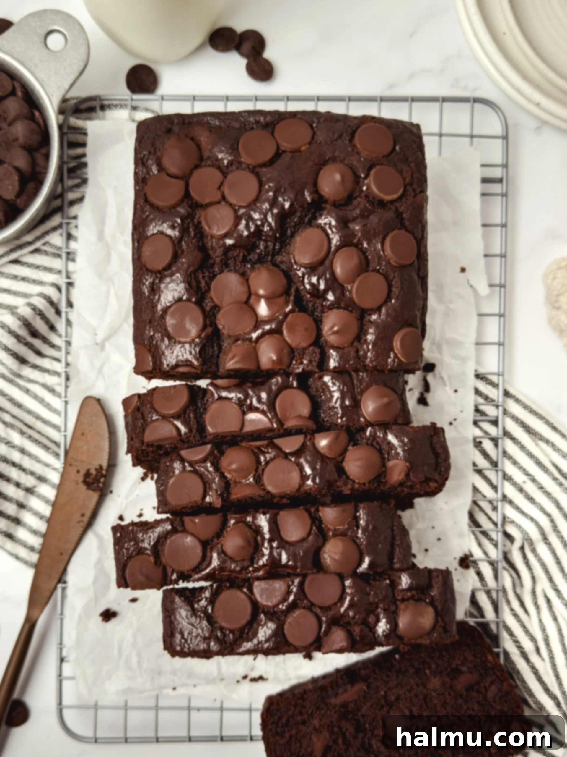 Delicious loaf of Double Chocolate Banana Bread, sliced and ready to serve.