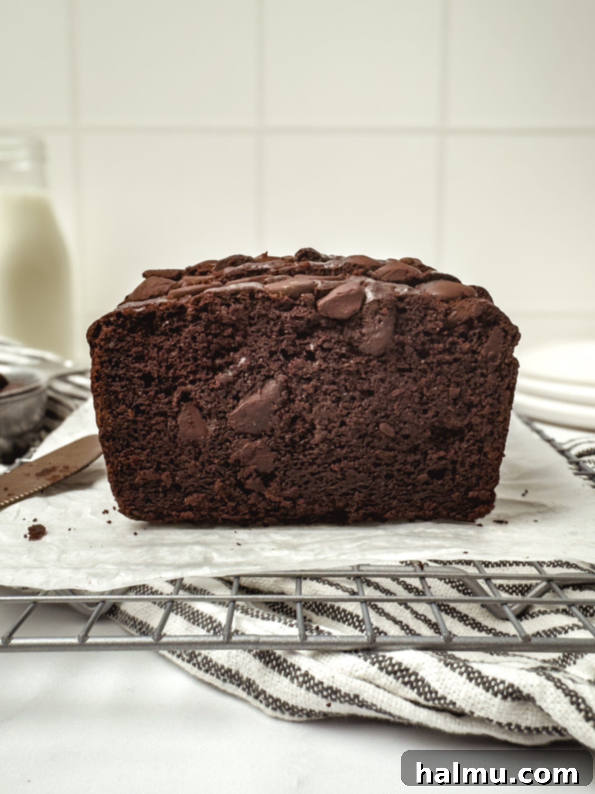 Close-up of a slice of double chocolate banana bread.