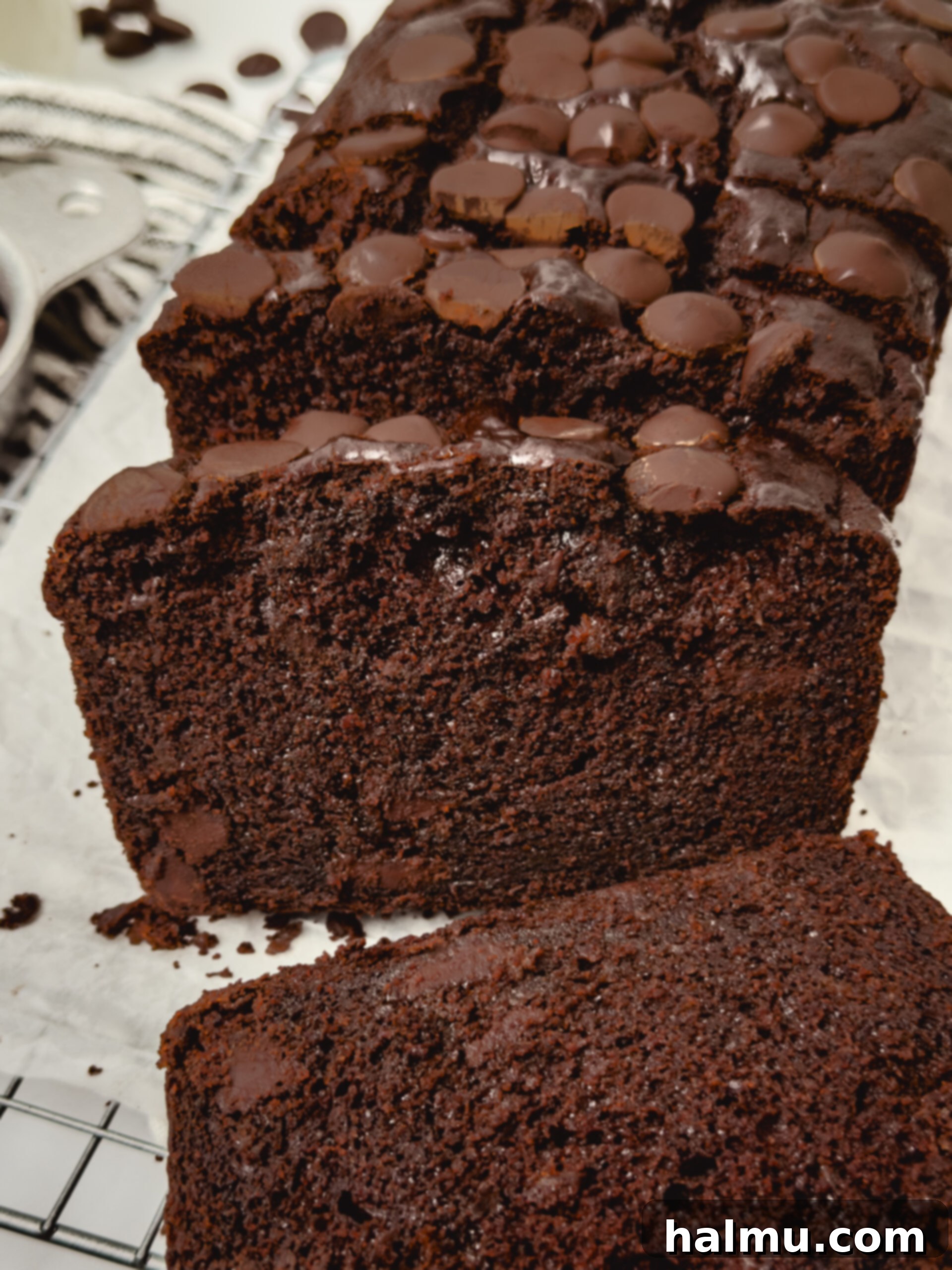 Another view of the moist double chocolate banana bread loaf.
