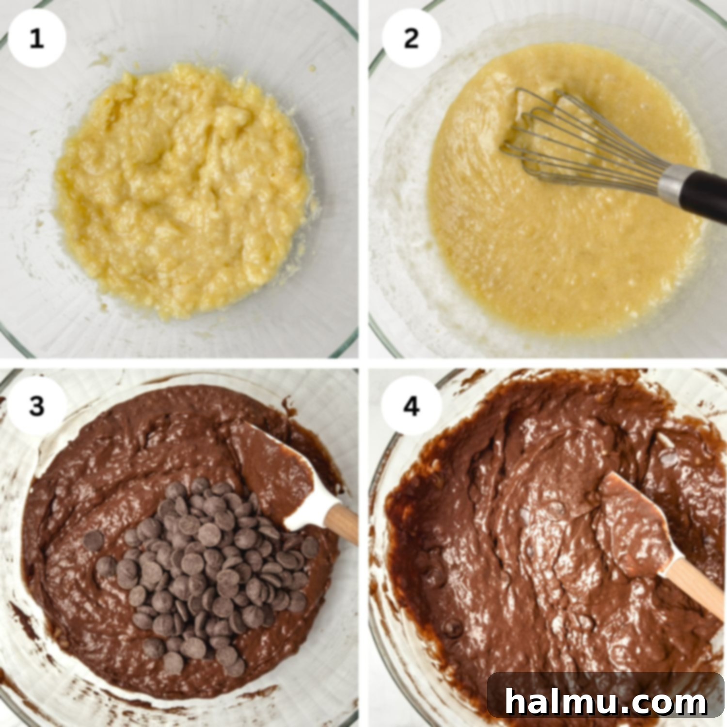 Mashed bananas in a bowl, ready for mixing.