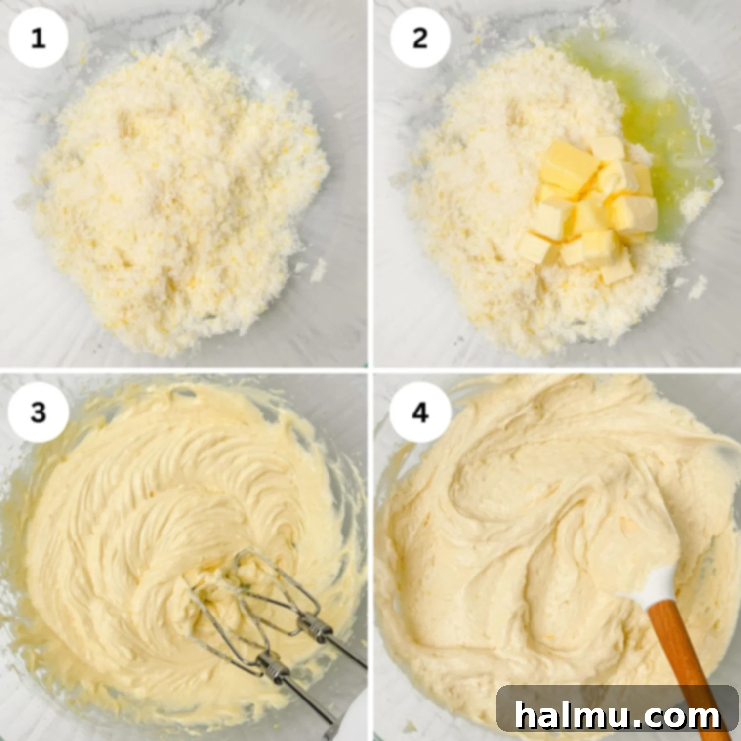Lemon cake baking in an 8-inch square pan, showcasing its golden-brown top.