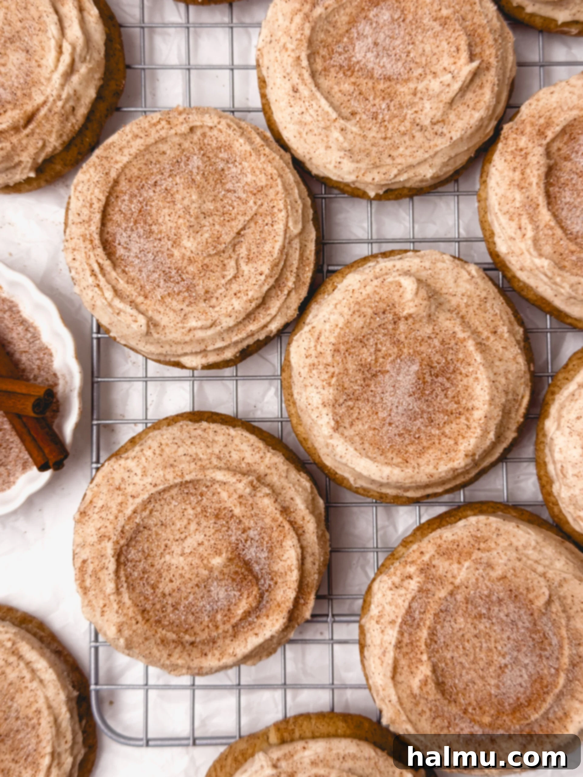 Delightful Churro Cookies with cinnamon sugar coating and creamy frosting, a perfect sweet treat.