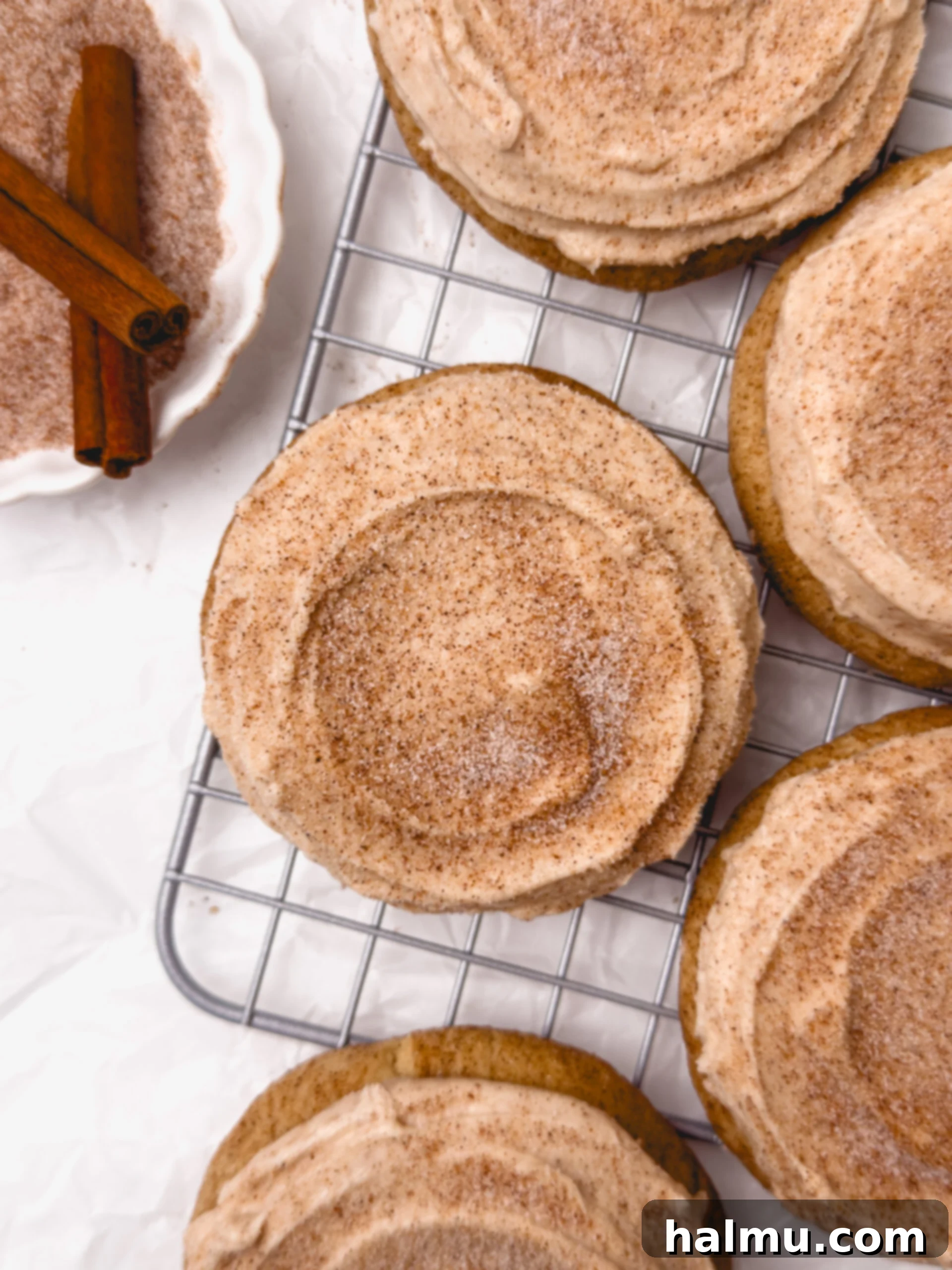 Various churro cookies on a cooling rack, some frosted, some plain cinnamon sugar.